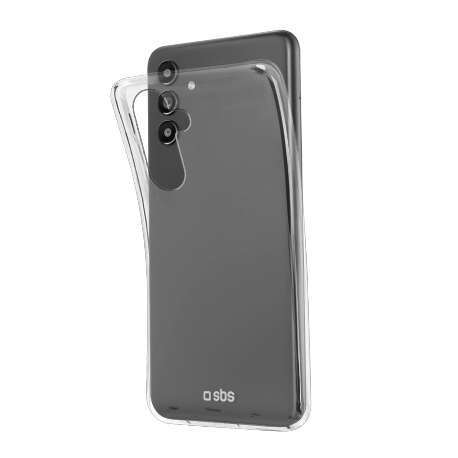 Eine transparente Handyhülle, die ein dunkelgraues Telefon bedeckt, mit dem Markennamen 'sbs'.