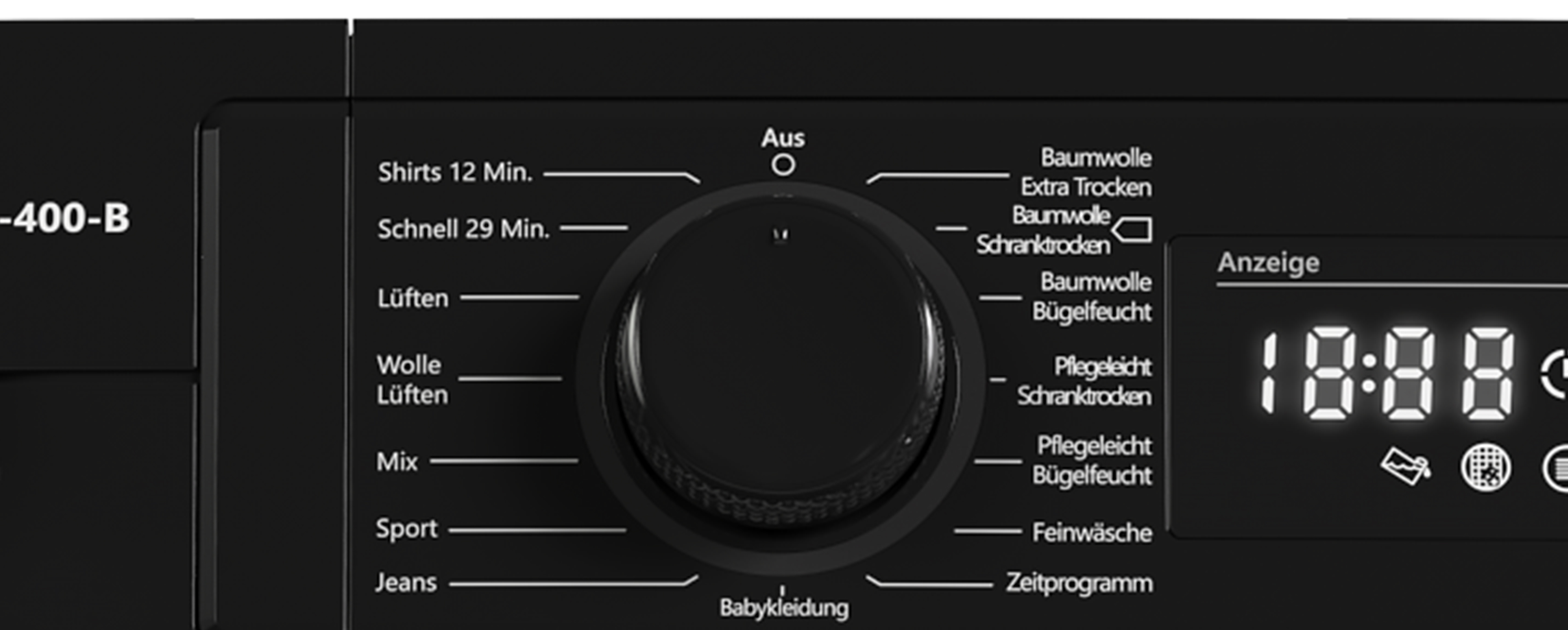 Nahaufnahme eines schwarzen Waschmaschinen-Bedienfelds mit Drehregler und Anzeige der Zeit.