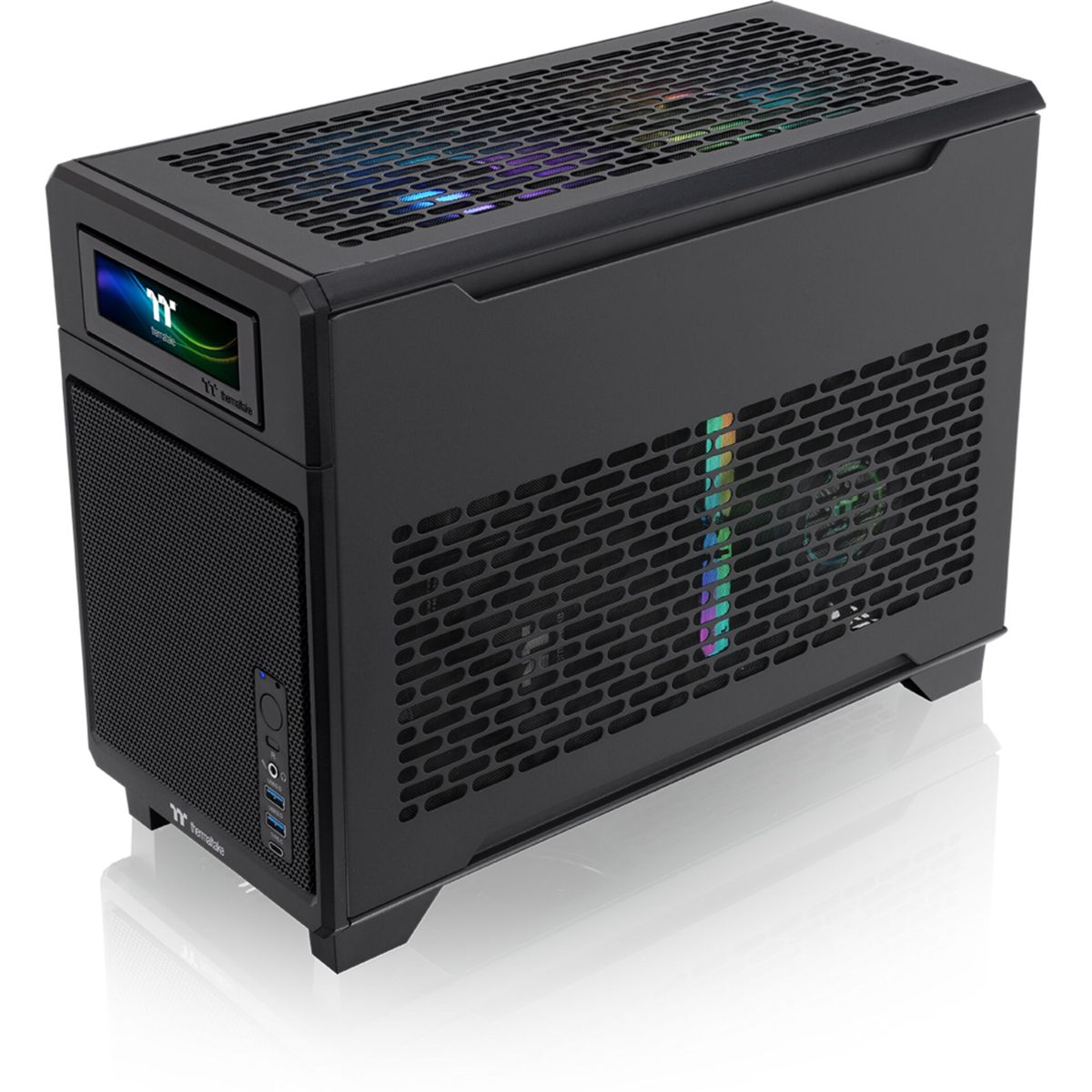Black computer case with a screen, lights, and multiple ports.