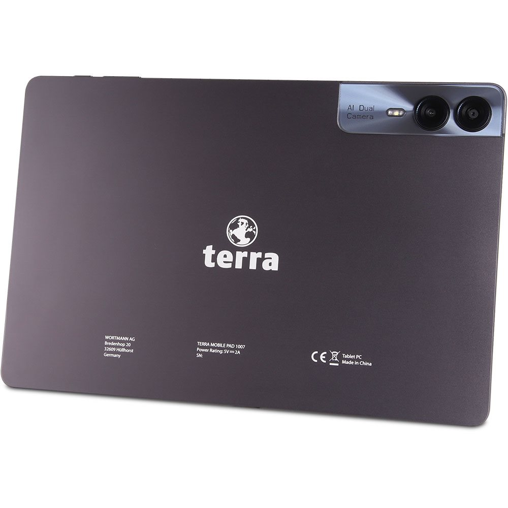 Tablet nero con logo 'terra'. Doppia fotocamera in alto a destra. Sfondo bianco.