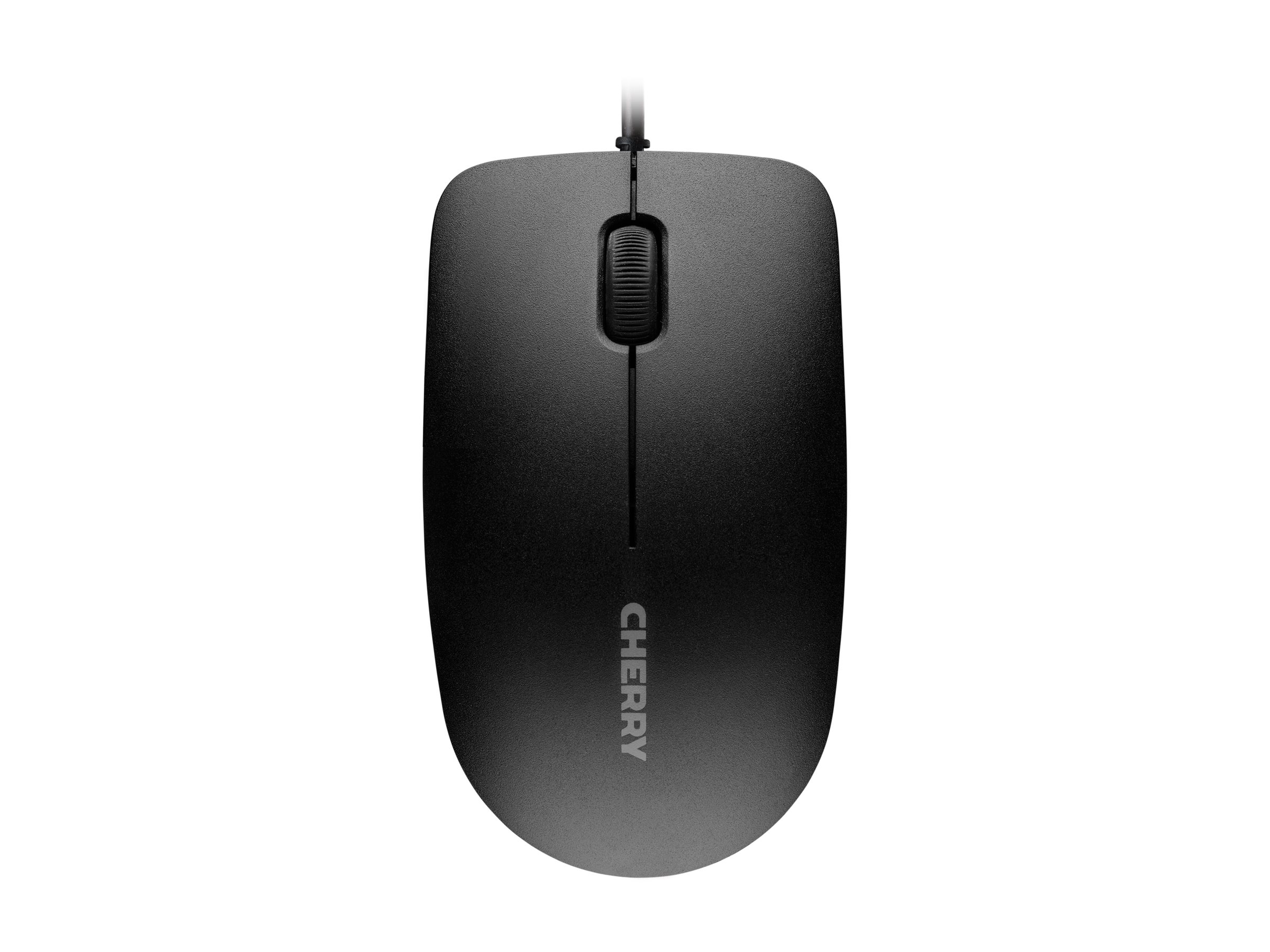 Un mouse per computer nero con una rotella di scorrimento. Il marchio 'CHERRY' è stampato sul fondo.