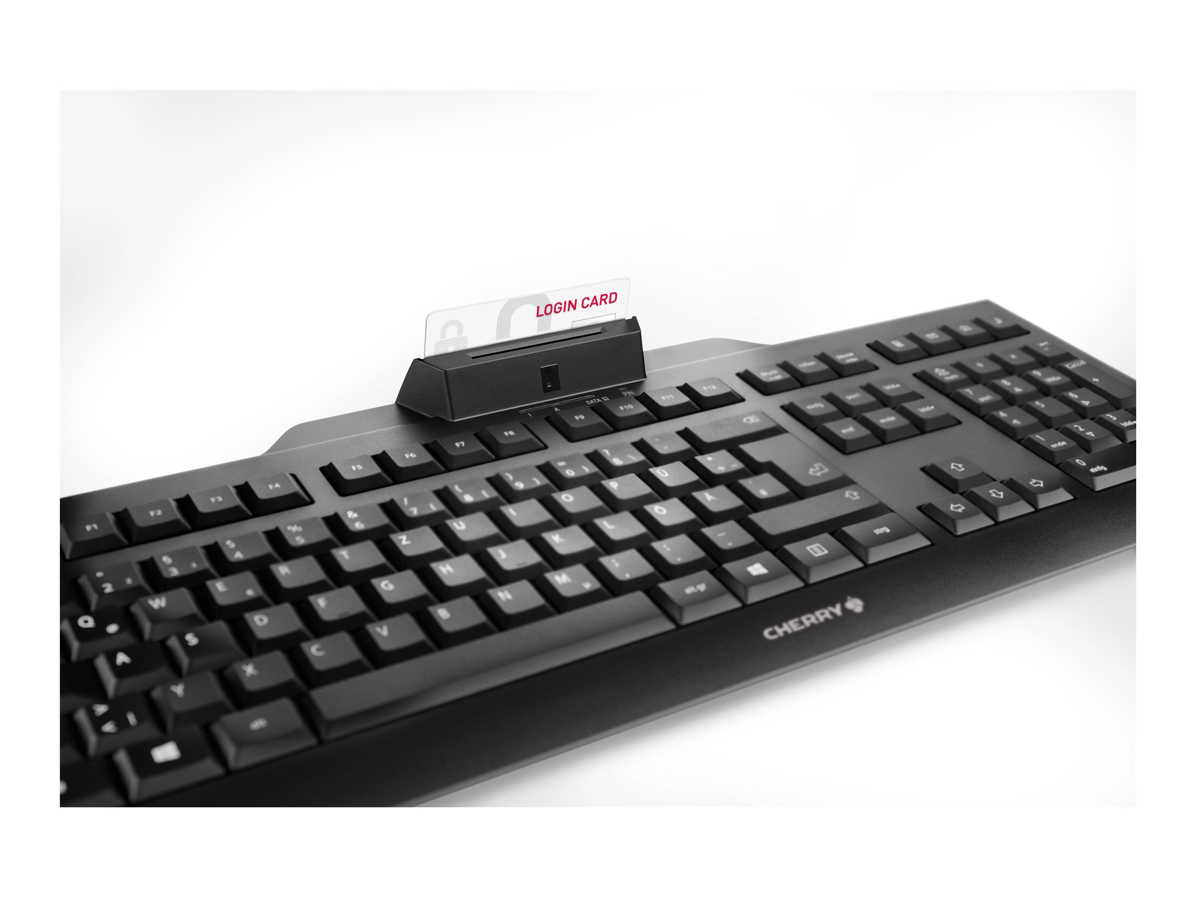 Eine schwarze Tastatur mit einem Kartenleser oben. Eine Karte mit dem Text LOGIN CARD ist eingesetzt.