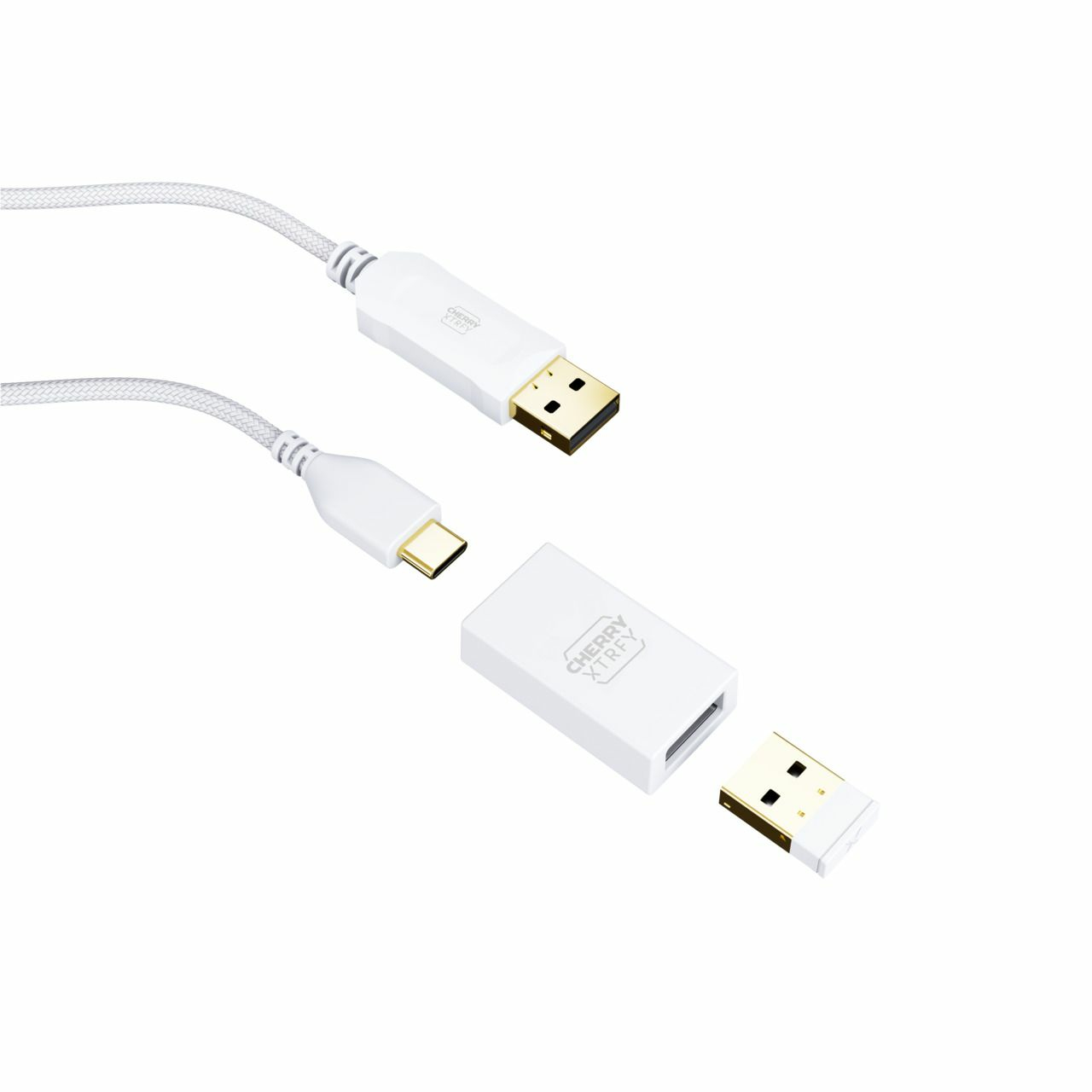 Weiße USB-Kabel mit einem USB-C- und zwei USB-A-Anschlüssen.