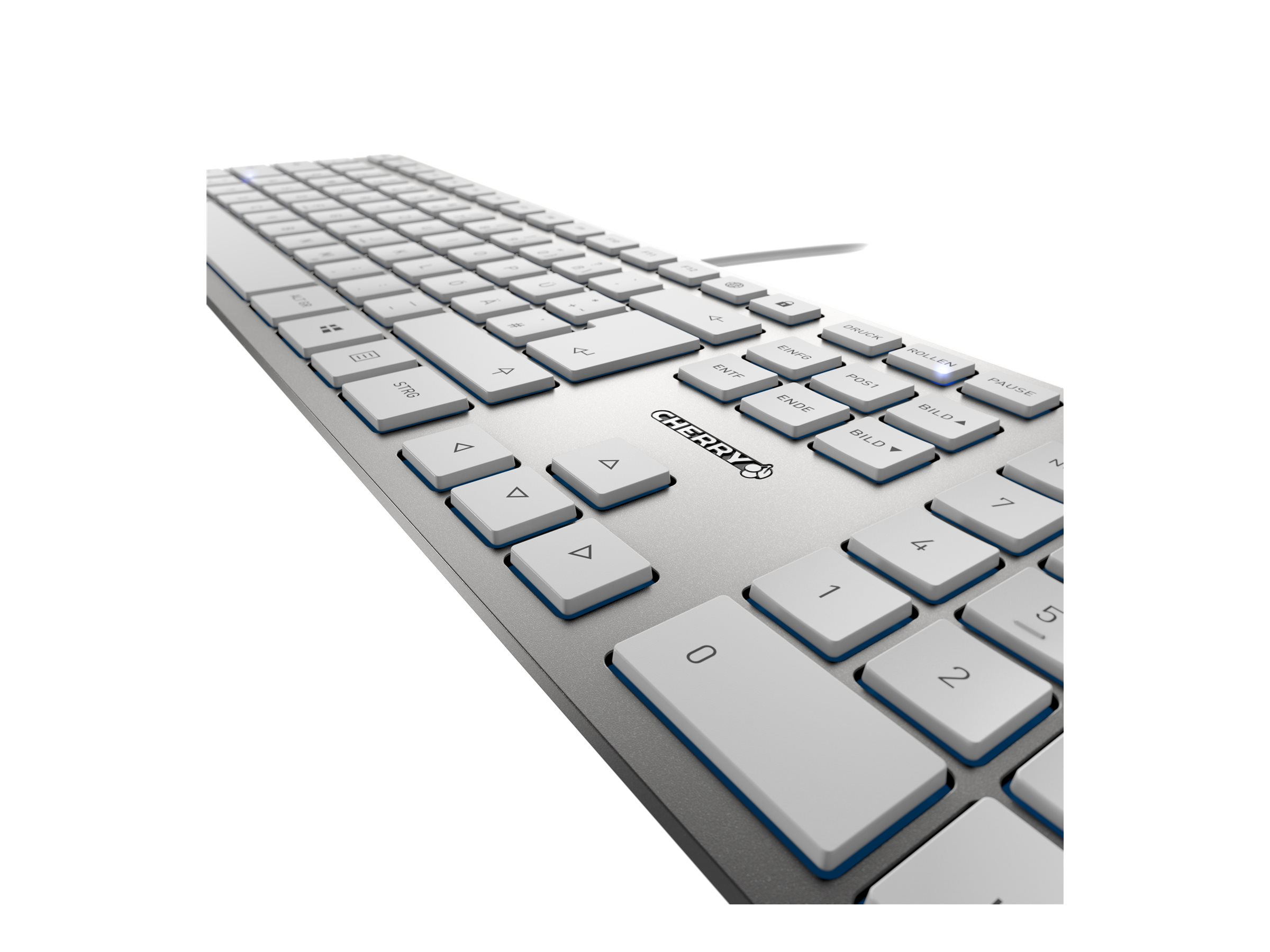 Eine weiße Tastatur mit weißen Tasten und silbernem Rahmen auf weißem Hintergrund.