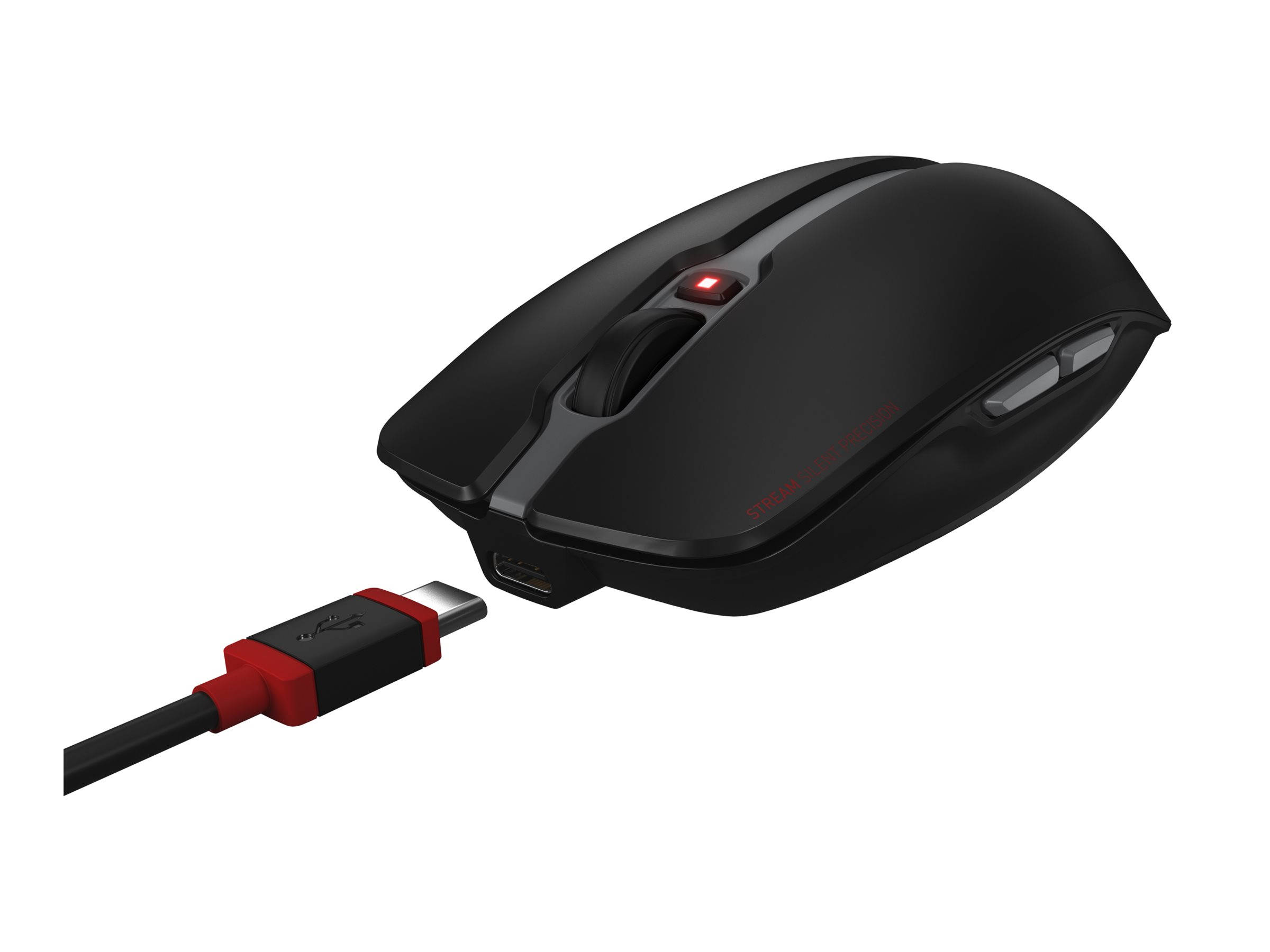 Mouse nero con dettagli rossi, collegato a un cavo USB-C.