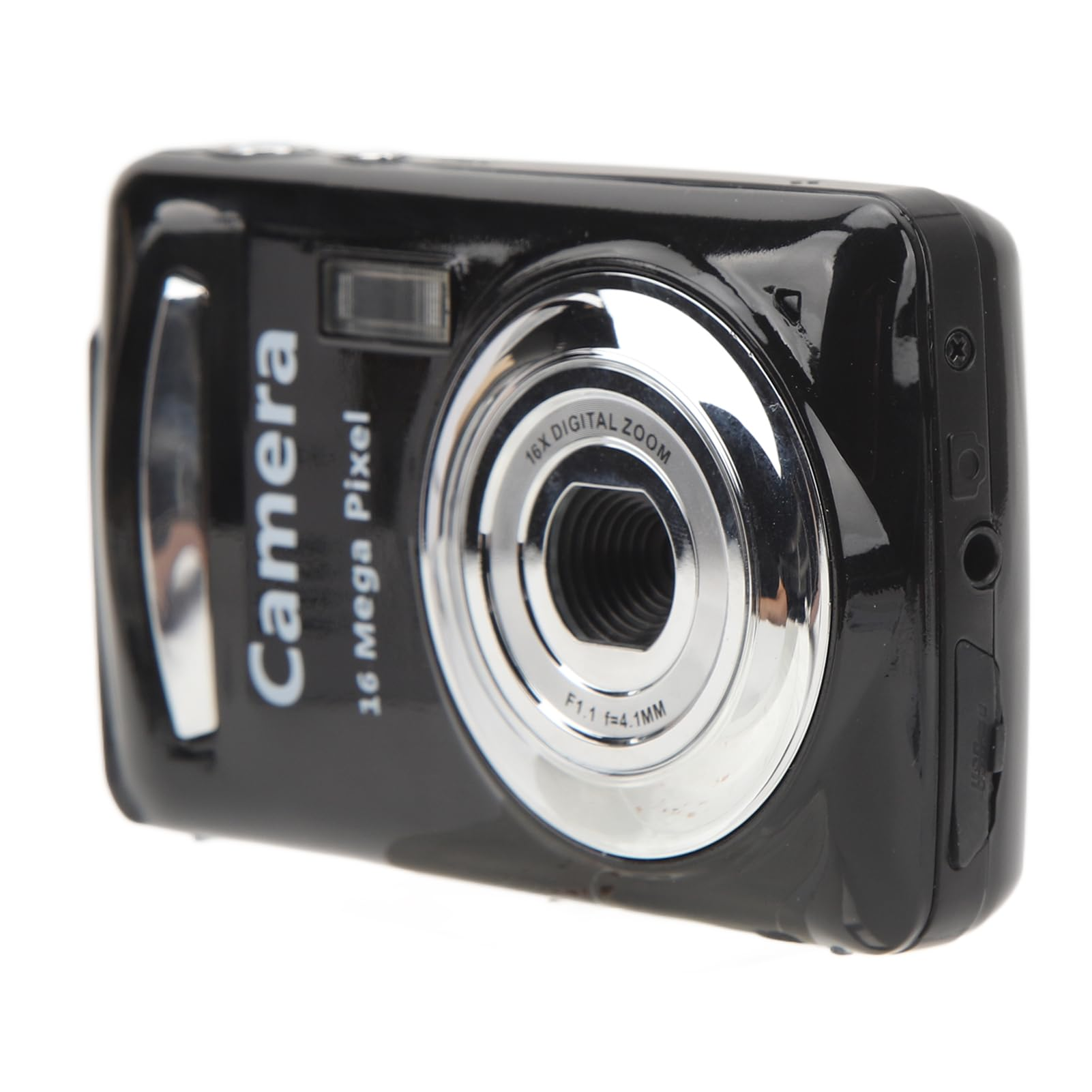 Czarny aparat z srebrnymi detalami. Ma 16 megapikseli i 16-krotny zoom cyfrowy. Tło jest białe.