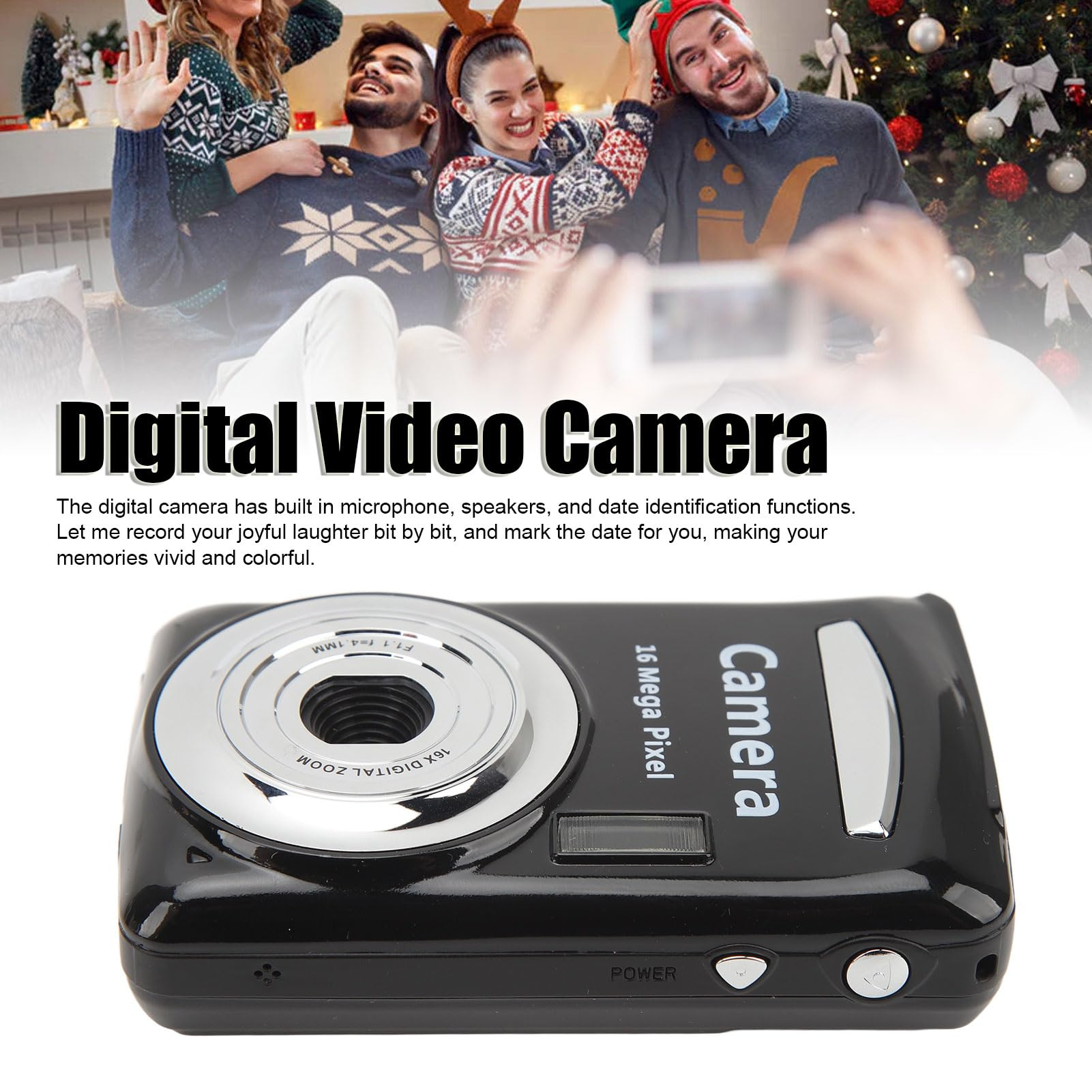 Czarna cyfrowa kamera wideo. Ludzie uśmiechają się w tle.