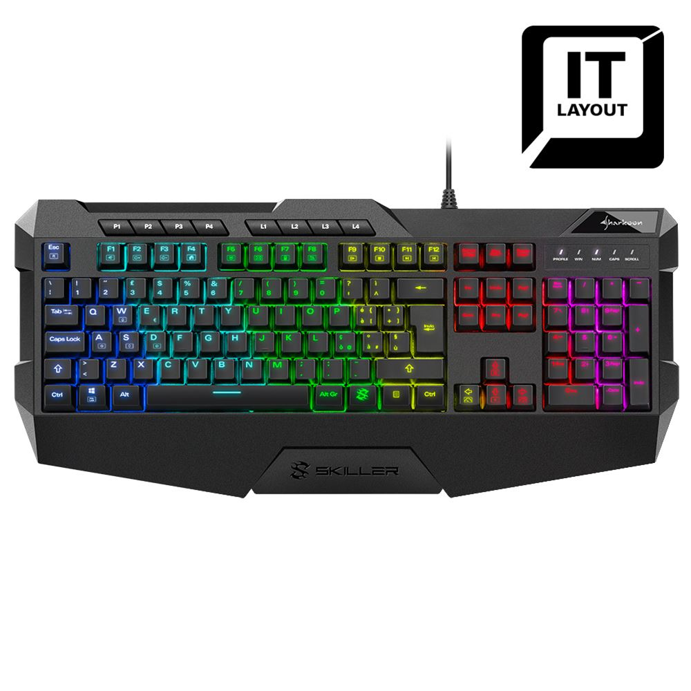 Una tastiera da gioco nera con tasti colorati e un layout IT. La tastiera ha l'illuminazione RGB.