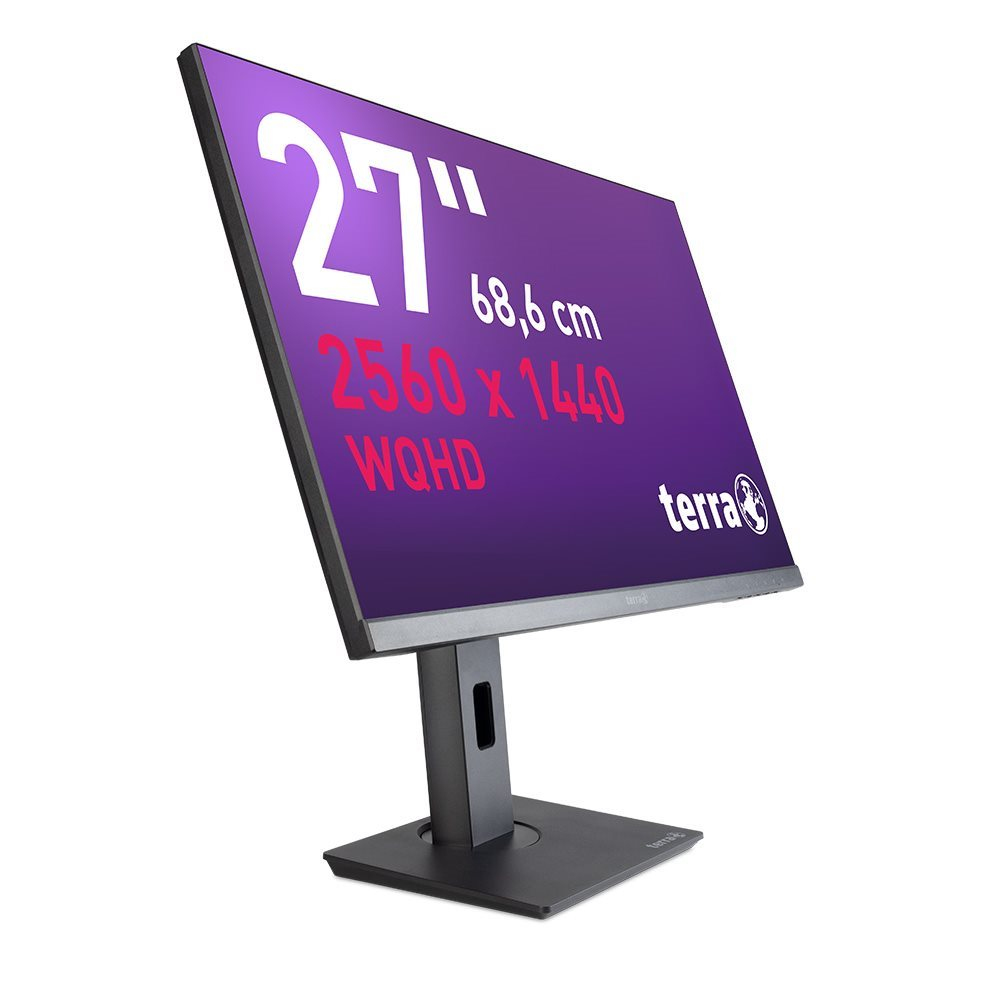 27-inch computermonitor. Hij is zwart met een paars scherm. Witte achtergrond.