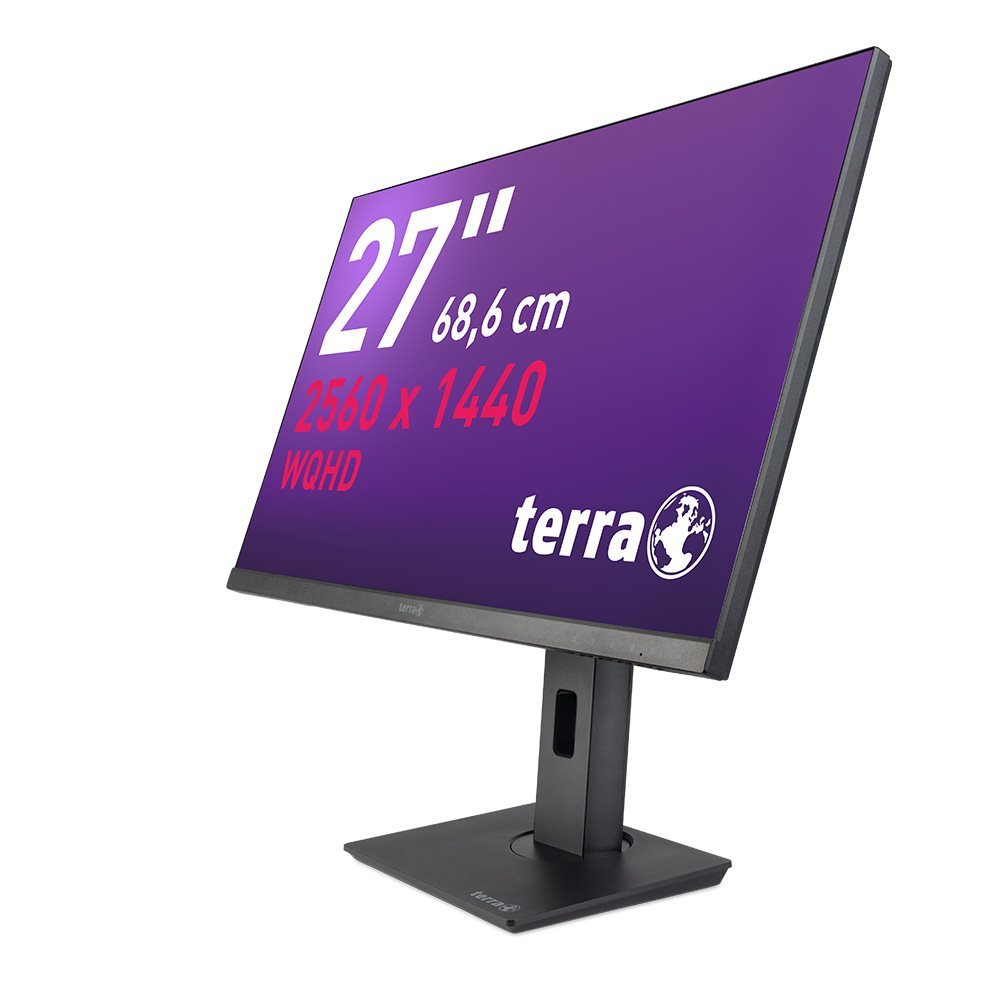 27" monitor. Paars scherm met tekst: 27", 2560 x 1440 WQHD, terra logo. Zwarte standaard.