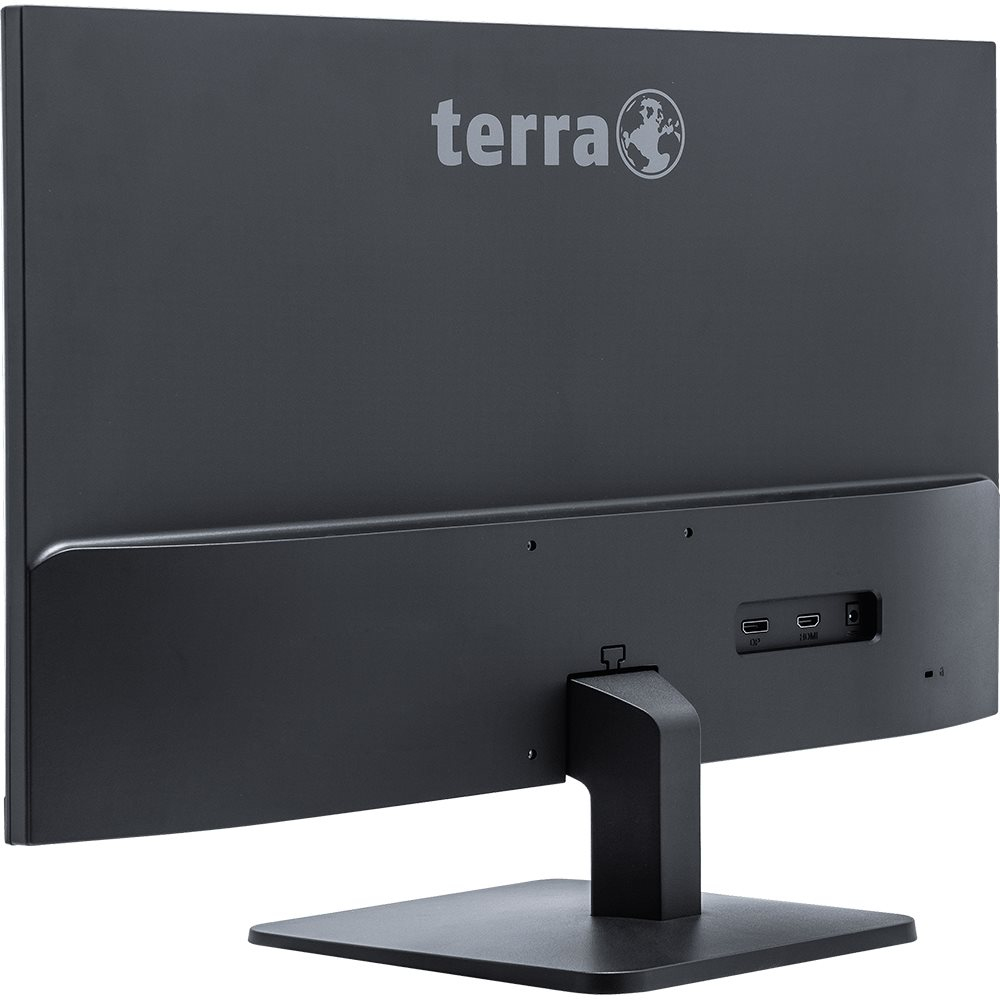 De achterkant van een zwarte computermonitor. Het merk 'terra' staat bovenaan.