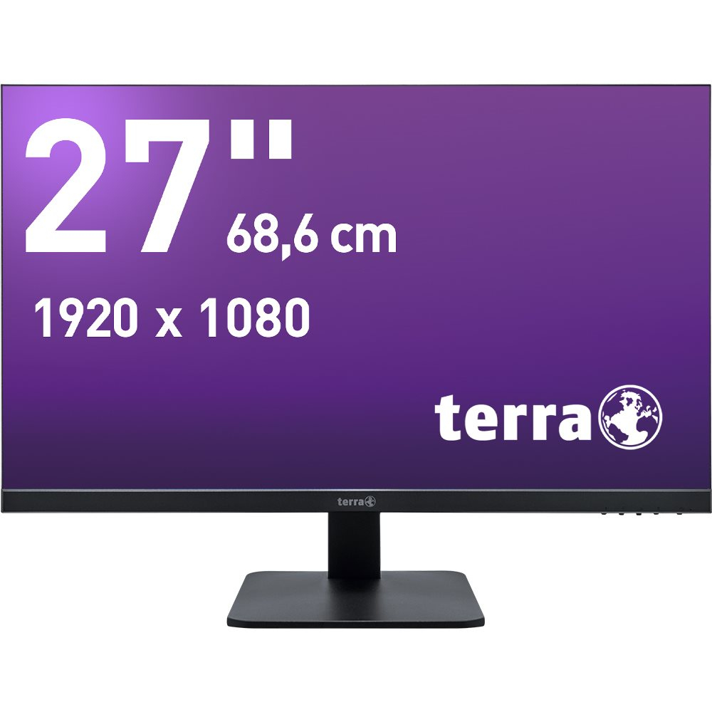 Een 27-inch Terra monitor, zwart frame, zwart statief, met een paarse achtergrond die de tekst weergeeft.