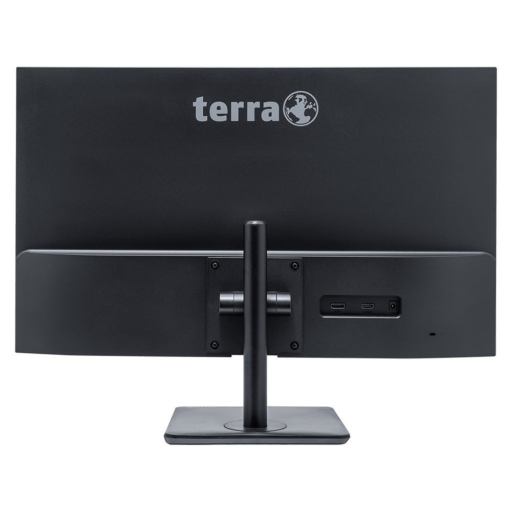 Vista trasera de un monitor de computadora negro con la marca 'terra' en un soporte negro.