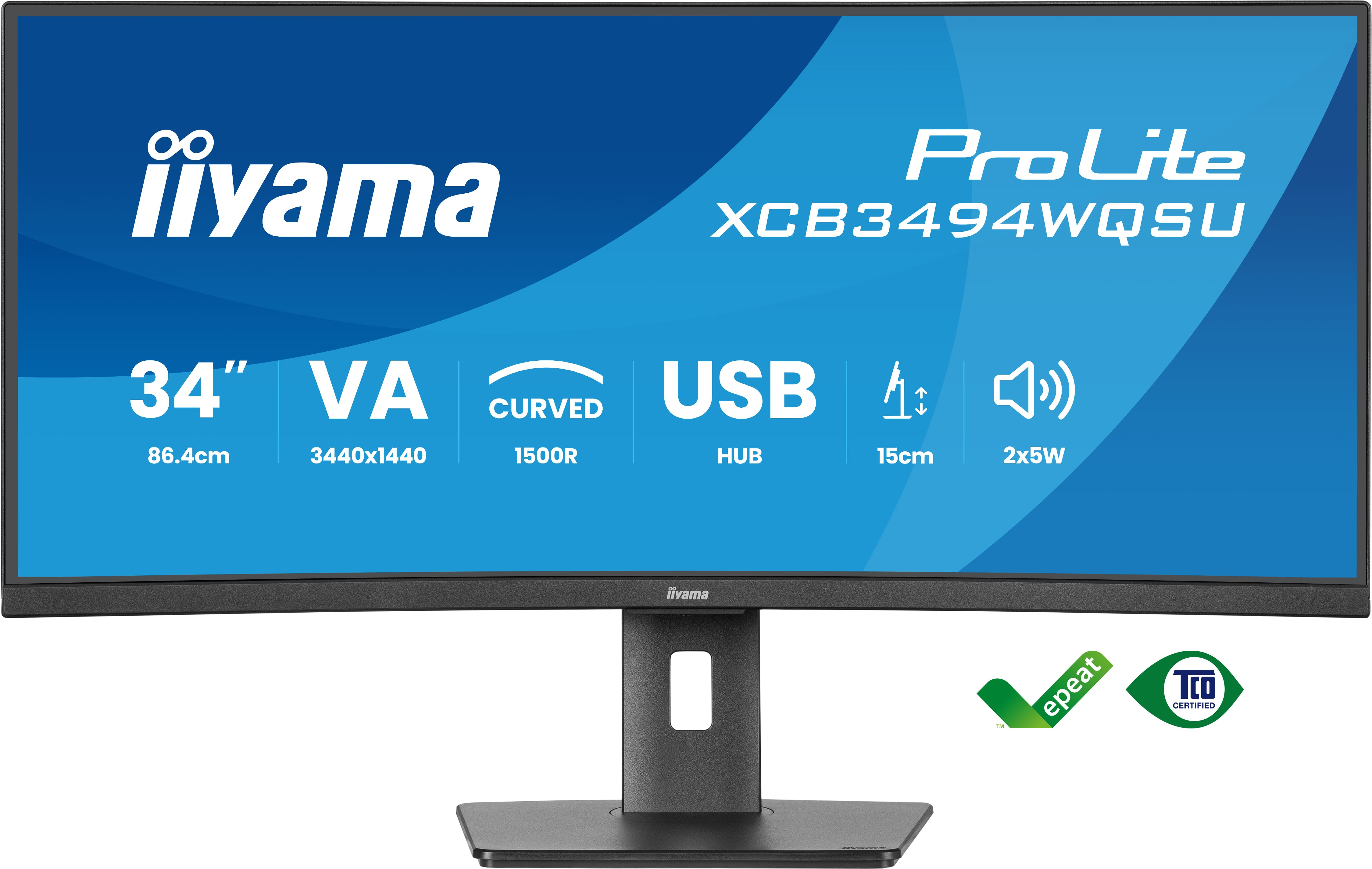 Gebogen computermonitor met wit logo en tekst op een blauwe achtergrond. Hij heeft een zwarte standaard.