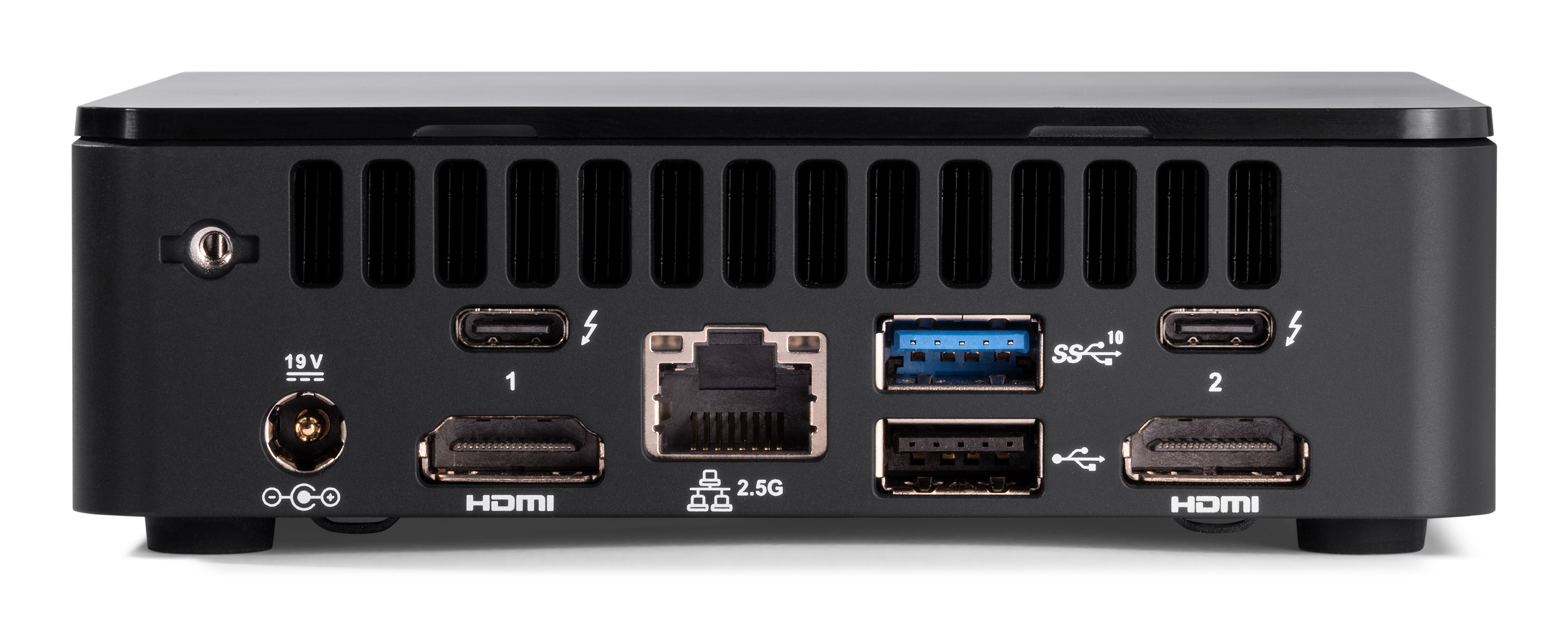 Czarny komputer z różnymi portami. Widoczny port 19V, porty HDMI, porty USB i port LAN.