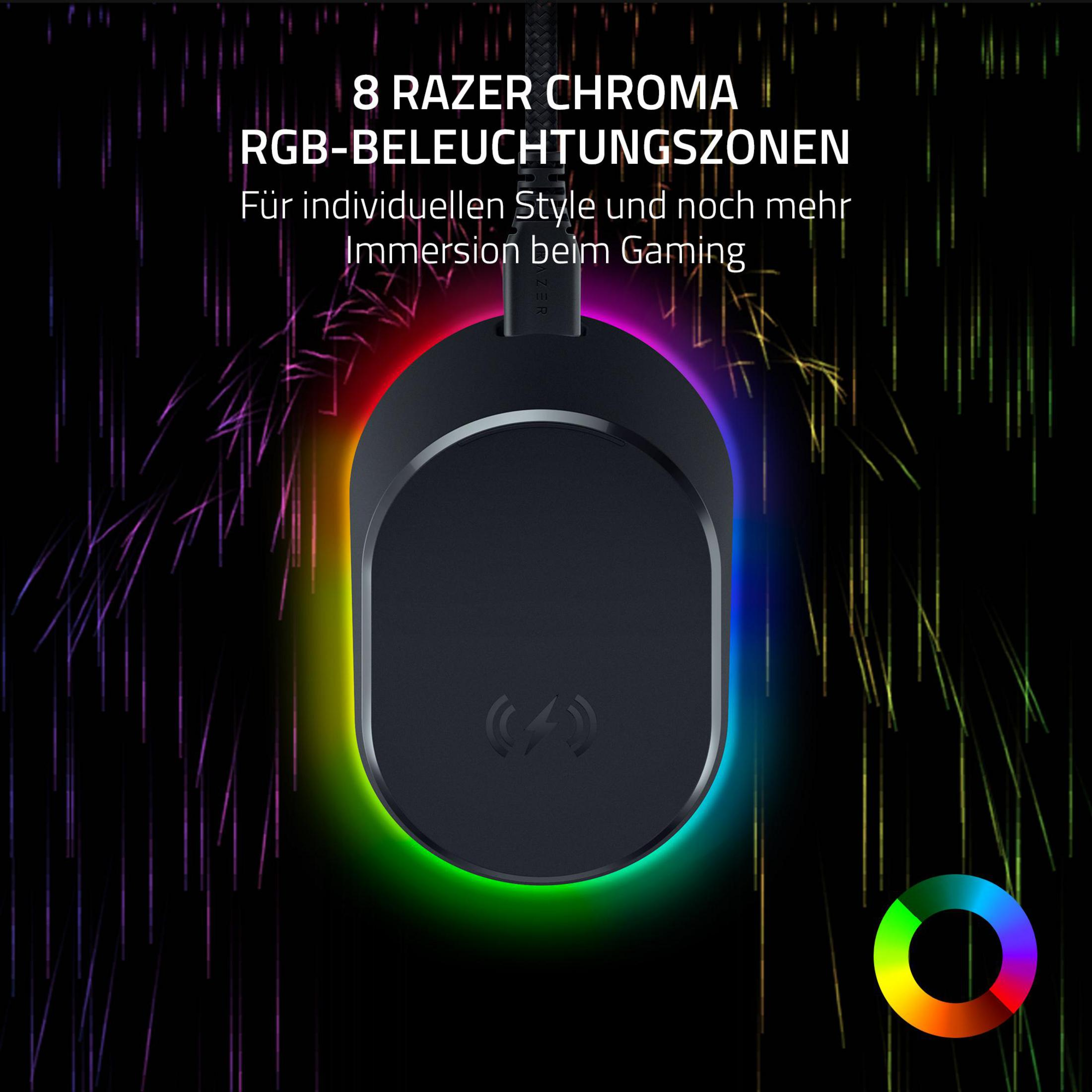 Schwarze Ladestation mit Regenbogenlichtern und kreisförmiger Lichtanzeige.