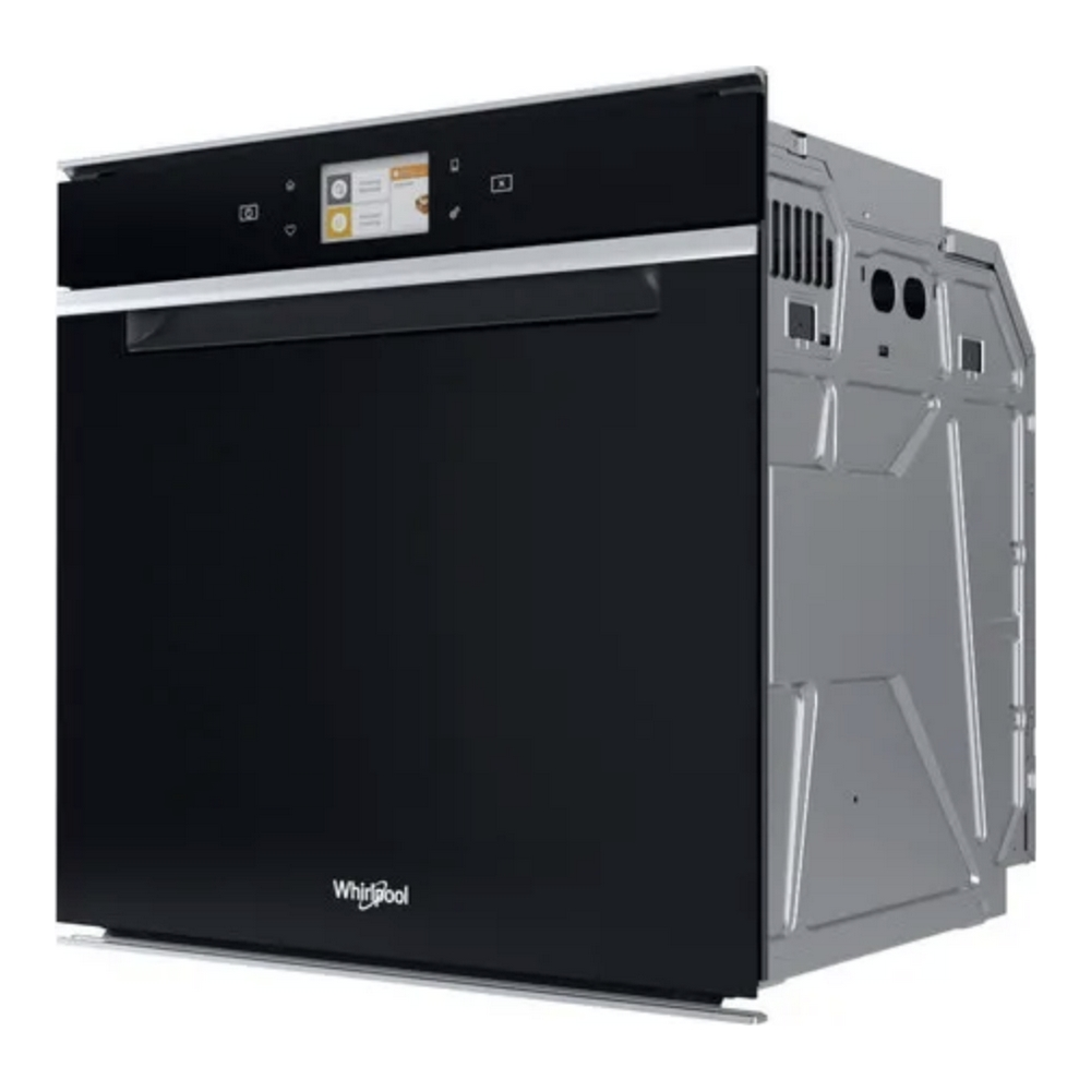 Forno nero con touchscreen. Vista laterale del pannello posteriore. Logo Whirlpool.