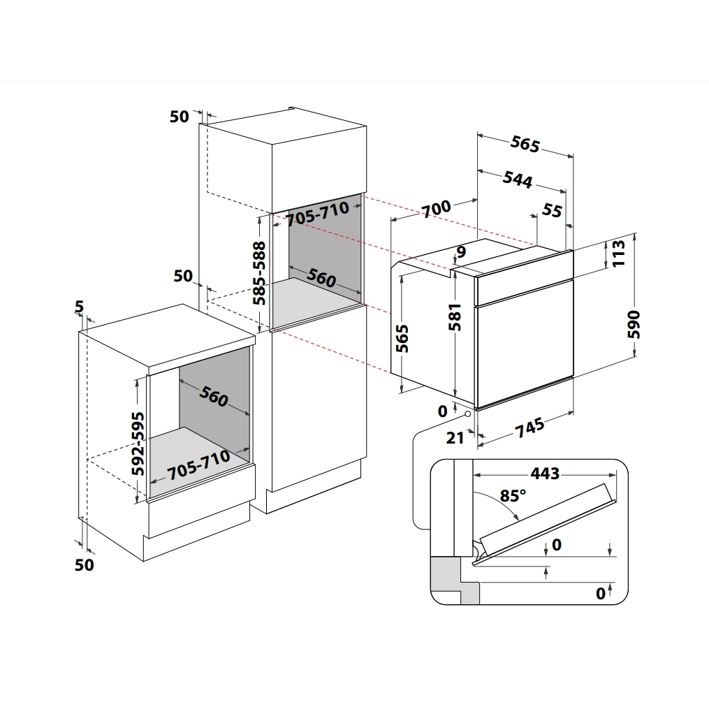 Schema che mostra le dimensioni di un forno a incasso e dei mobili circostanti.