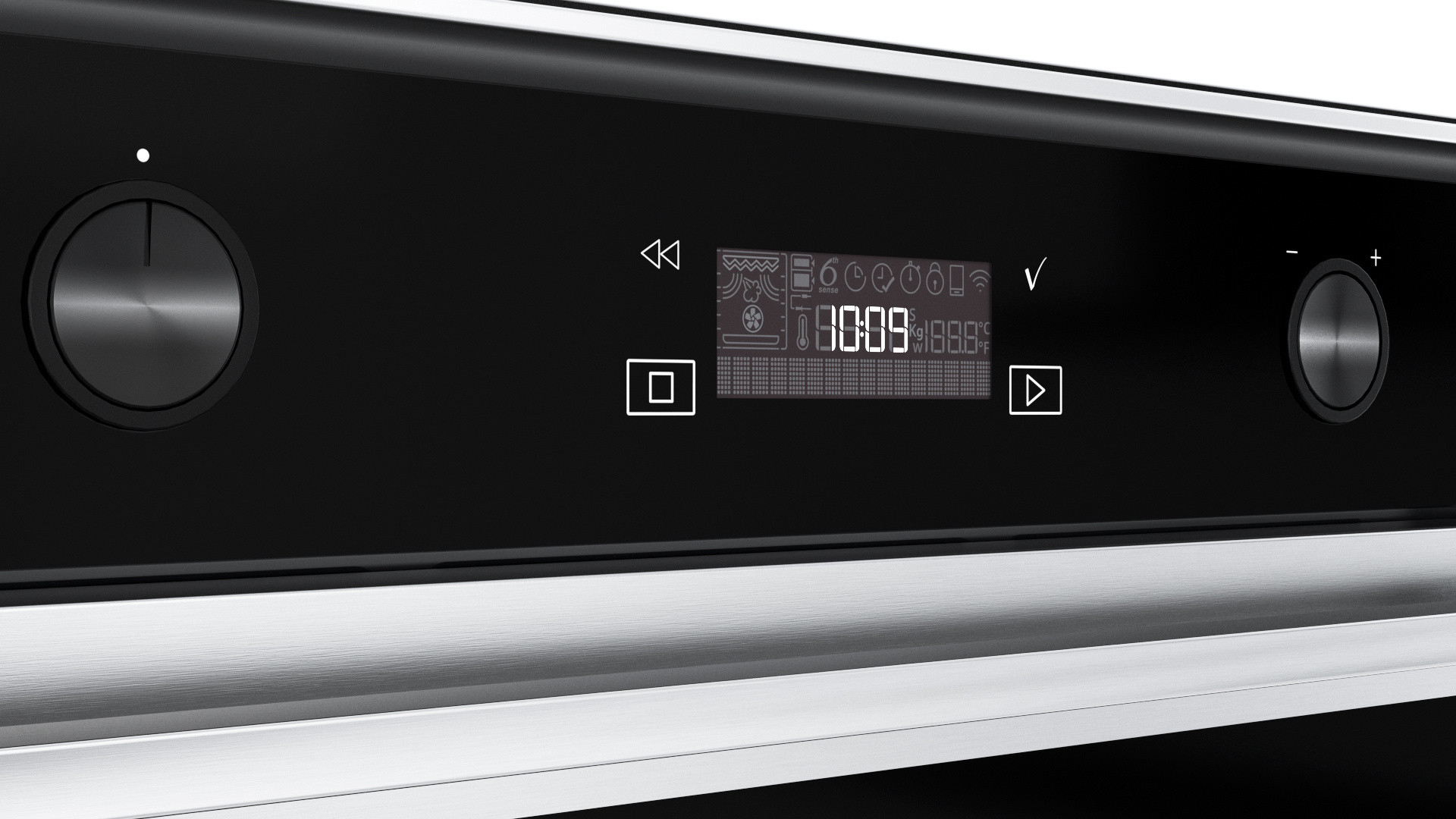 Primo piano dei comandi del forno con display digitale, timer e icone.