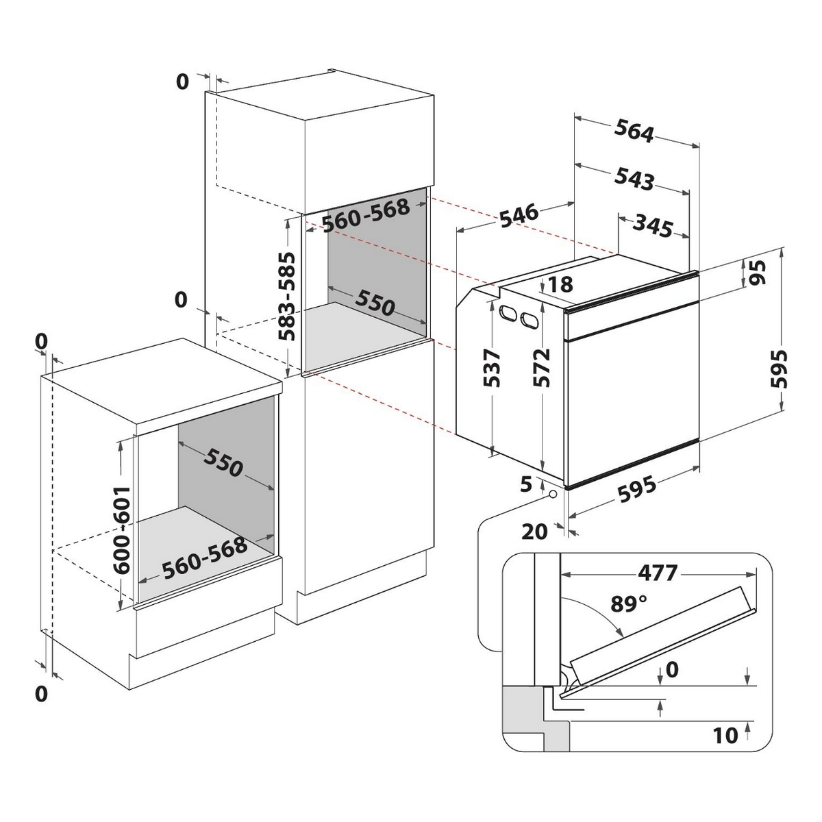 Un diagramma di un forno a incasso con dimensioni, che illustra le specifiche di installazione.