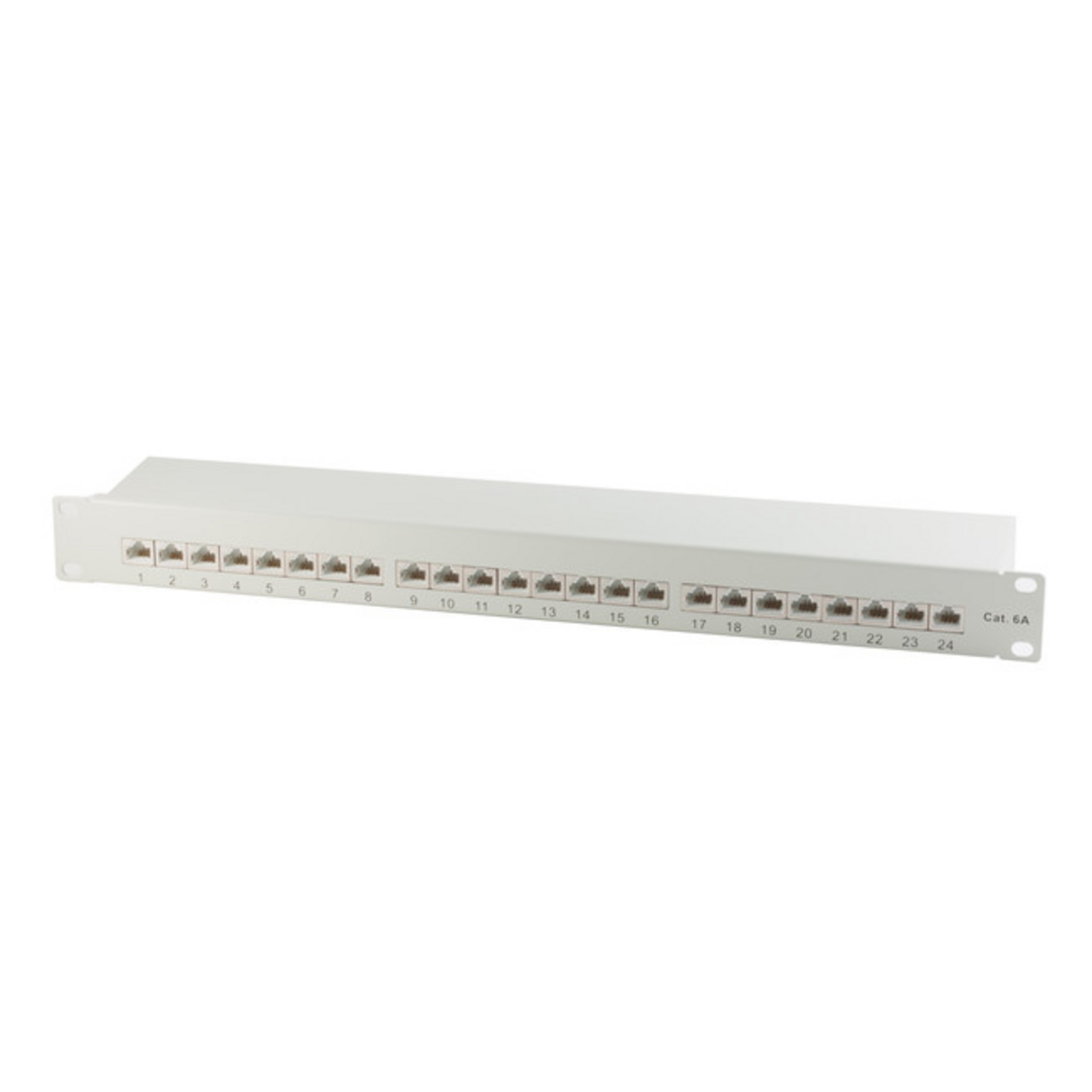 Pannello patch di rete bianco con 24 porte RJ45. Numeri 1-24 visibili.