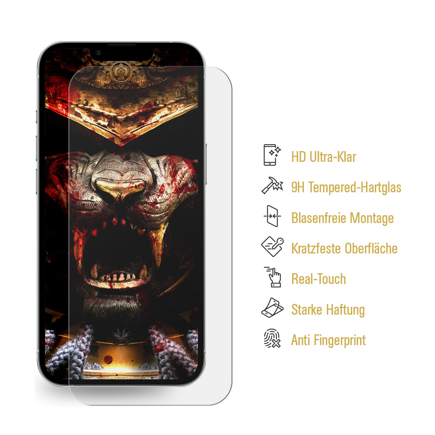 Smartphone-Displayschutz mit detailliertem Löwen-Design und Textbeschreibungen.