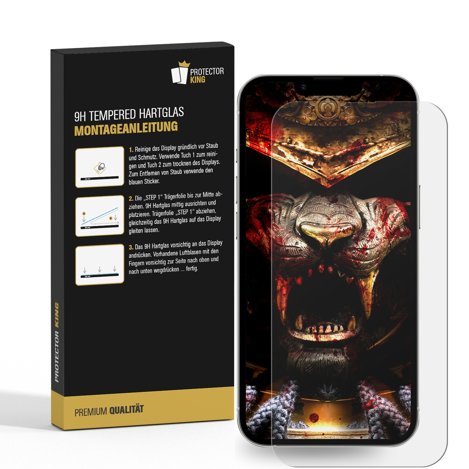 Ein Telefon mit aufgebrachter Displayschutzfolie und eine Box mit Anweisungen.