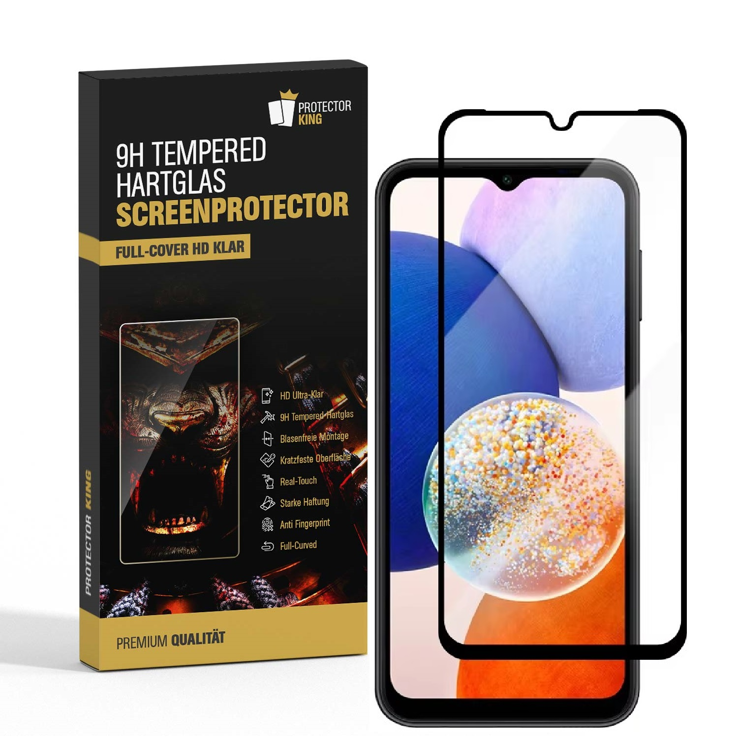 Displayschutzfolie in einer Box mit einem Telefon, und die Displayschutzfolie auf dem Telefon angebracht.