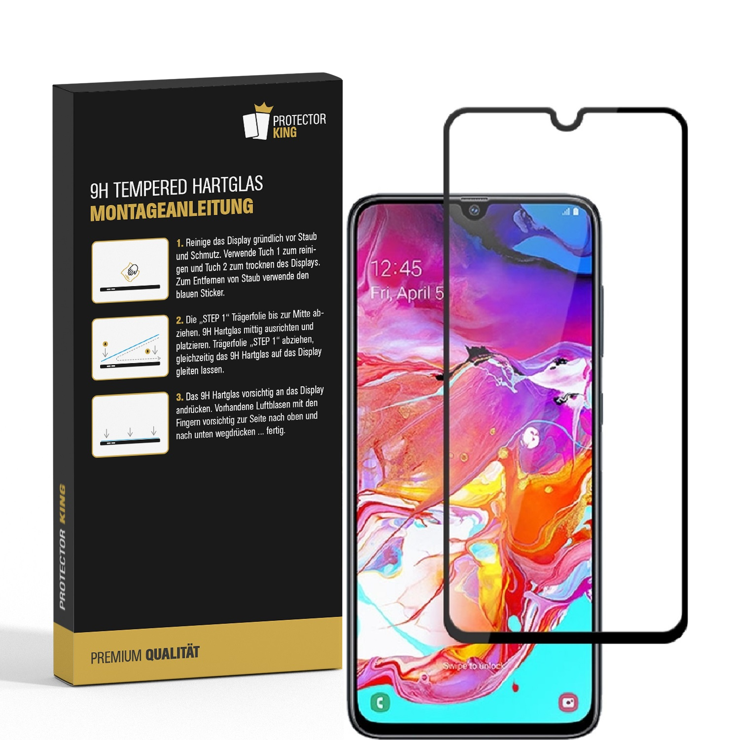 Ein Telefon mit Displayschutzfolie und eine Box mit Anweisungen zur Installation.