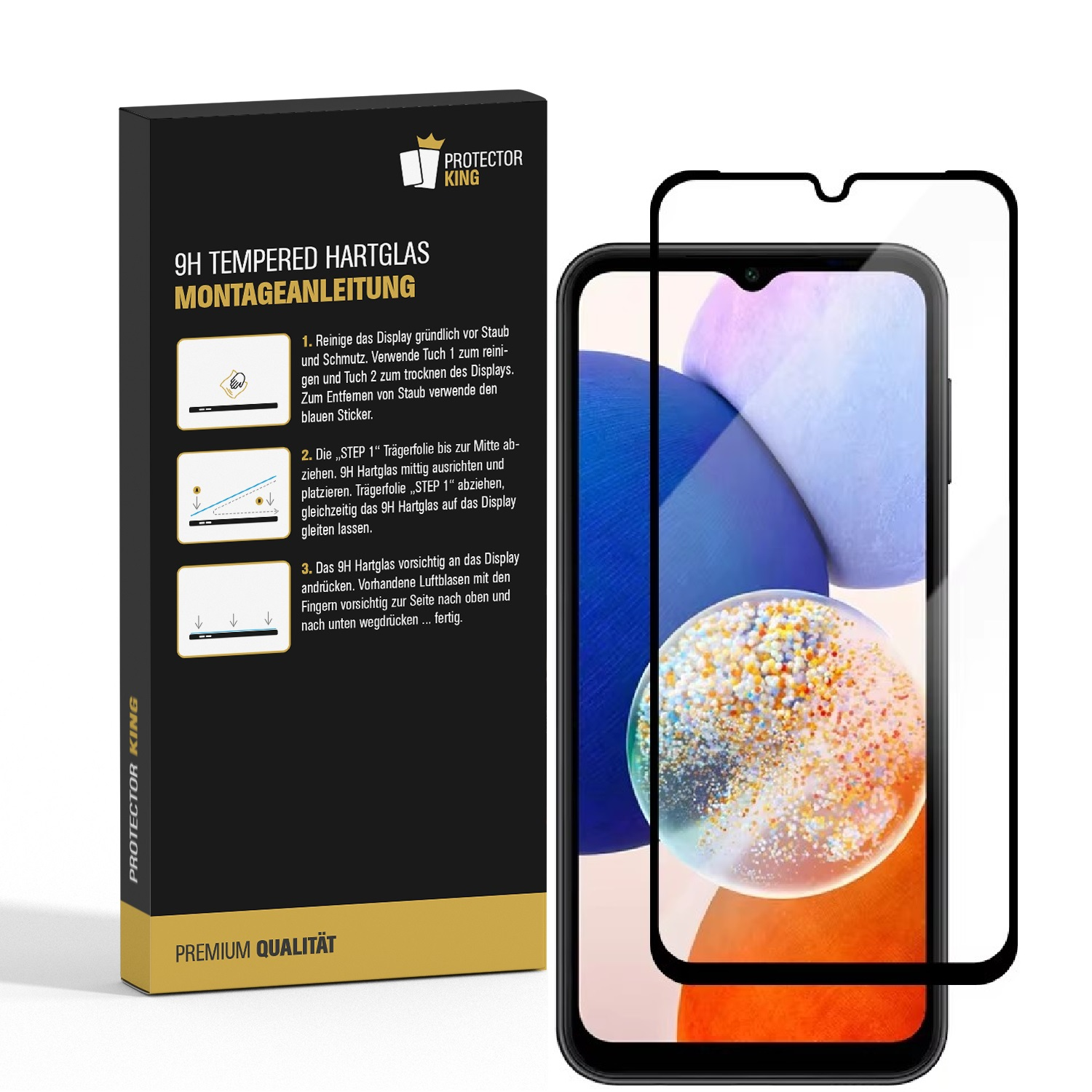 Telefon und Displayschutz mit Anweisungen. Telefon hat farbiges Bild auf dem Bildschirm.