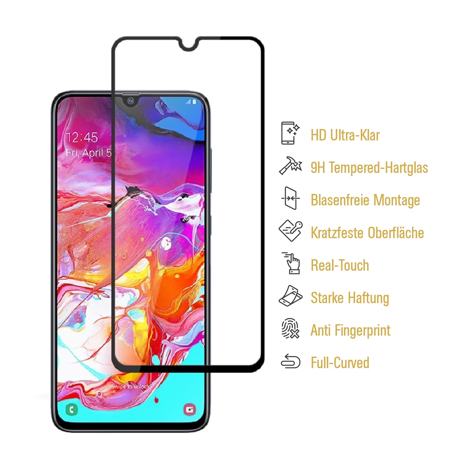Smartphone mit Displayschutz, eine Glasscheibe auf dem Telefon. Text beschreibt Funktionen, einschließlich HD und 9H.