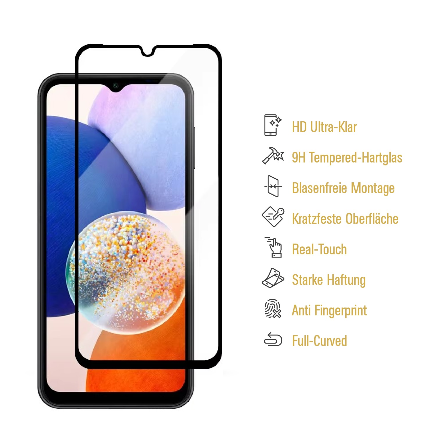 Schwarzes Smartphone mit aufgebrachter Displayschutzfolie, umgeben von Text und Symbolen.