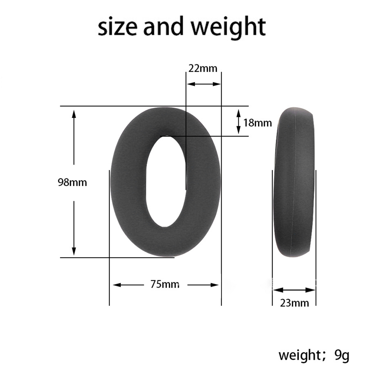 Wymiary nauszników w kształcie pączka. 98 mm x 75 mm x 22 mm, waga 9 g.