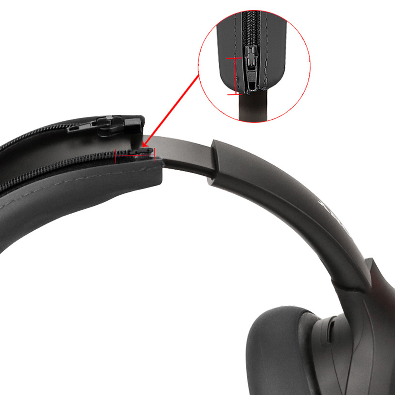 Słuchawki ze szczegółem zamka błyskawicznego. Zamek błyskawiczny jest na pałąku. Czarny kolor. Zbliżenie.