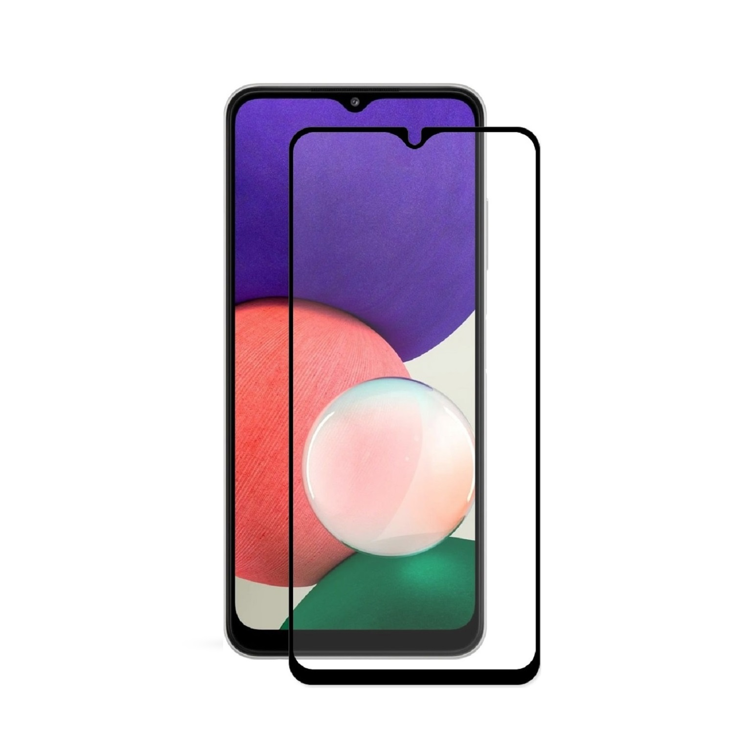 Ein Telefon mit Displayschutz. Der Hintergrund hat bunte Formen.