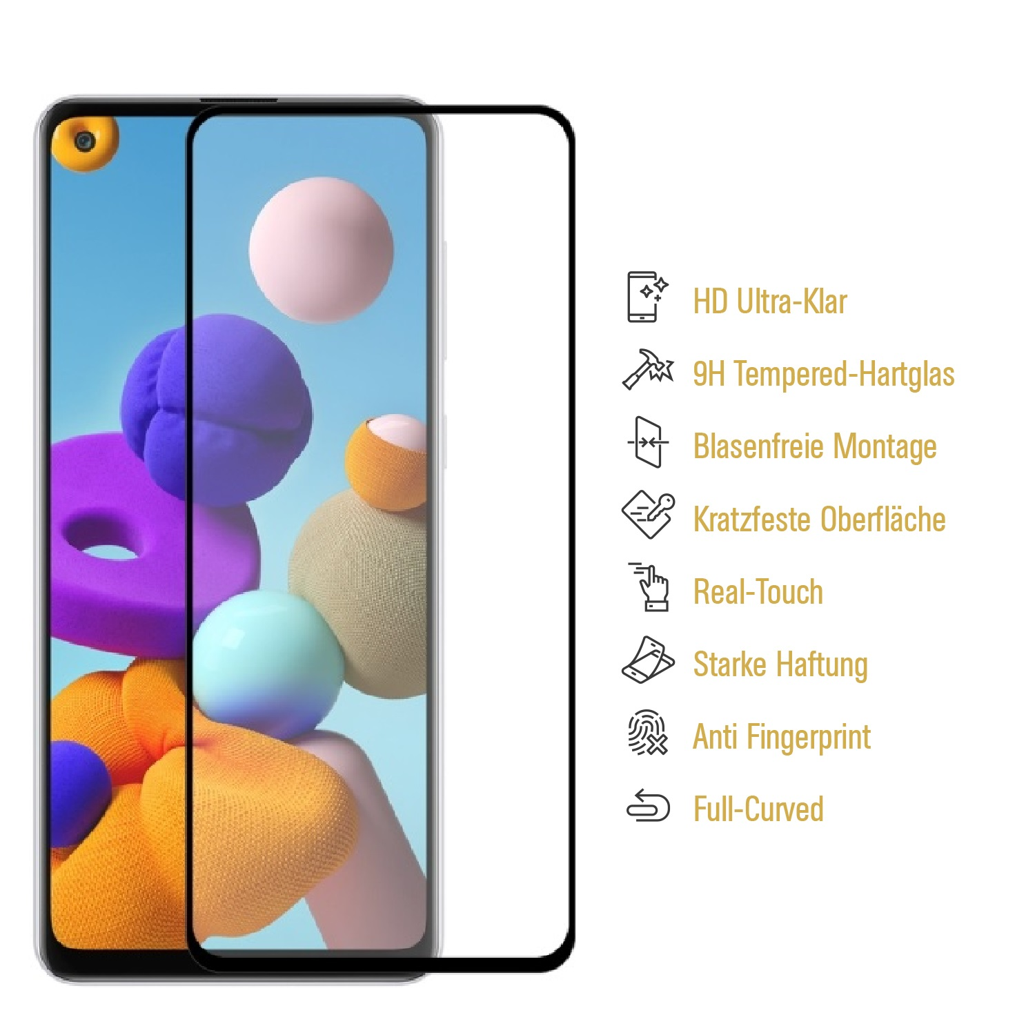 Displayschutz auf einem Telefonbildschirm mit Symbolen. HD Ultra Klar, 9H, Anti-Fingerabdruck, Full-Curved.