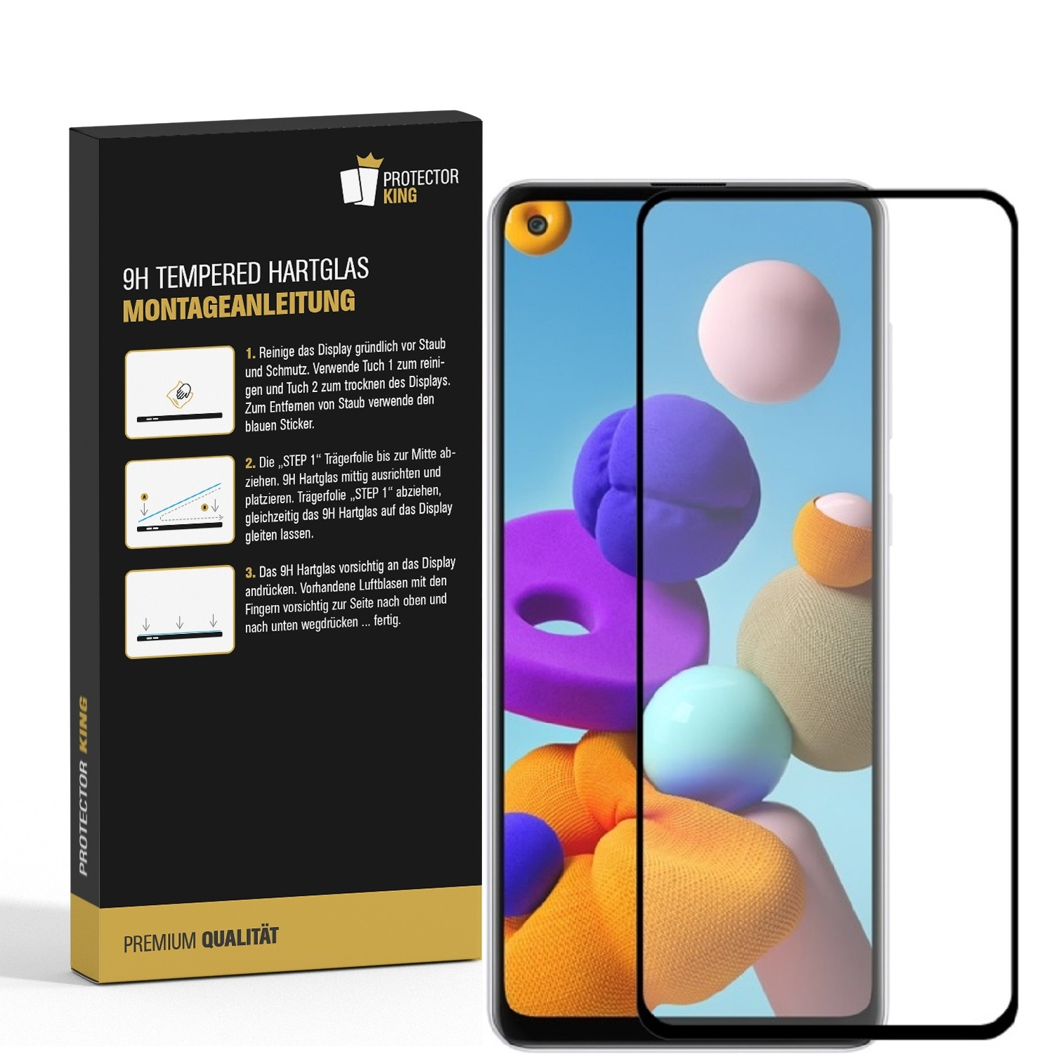 Schachtel und Displayschutz mit Anweisungen für ein Telefon. Das Telefon hat einen bunten Hintergrund.