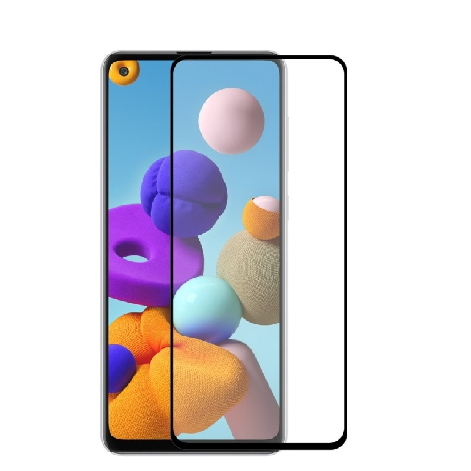 Ein Telefon mit Displayschutz. Der Bildschirm zeigt bunte Formen.