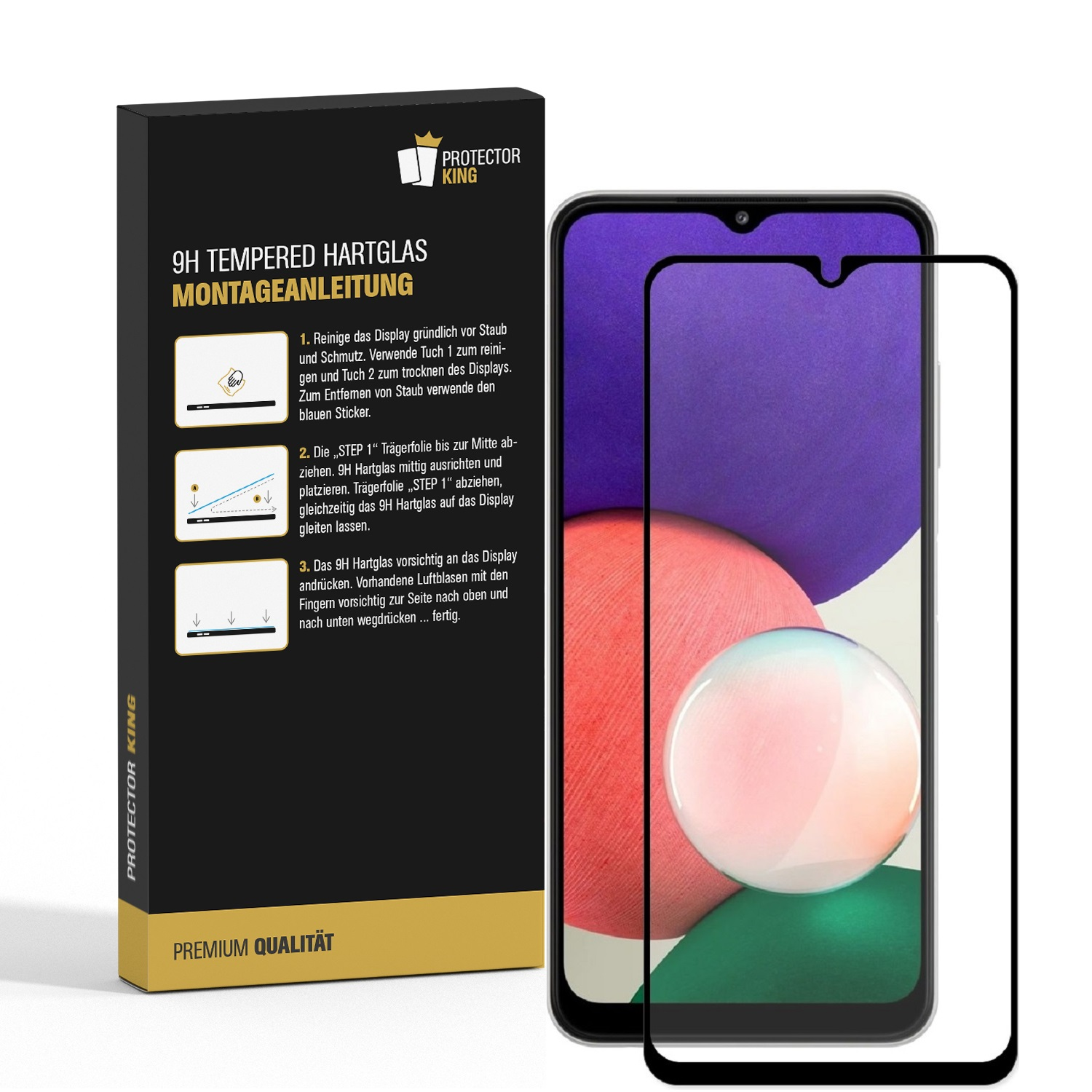 Displayschutzfolie, Telefon und Anweisungen auf weißem Hintergrund.