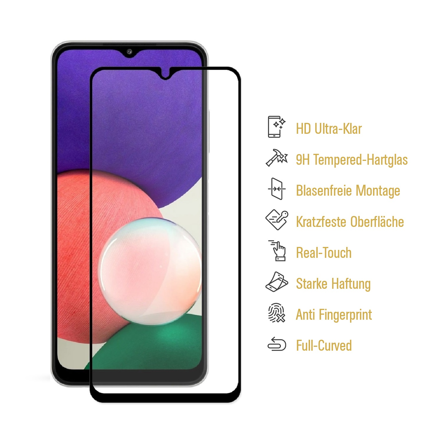 Ein Smartphone mit Displayschutz. Text auf dem Schutz listet Funktionen wie HD Clear auf.
