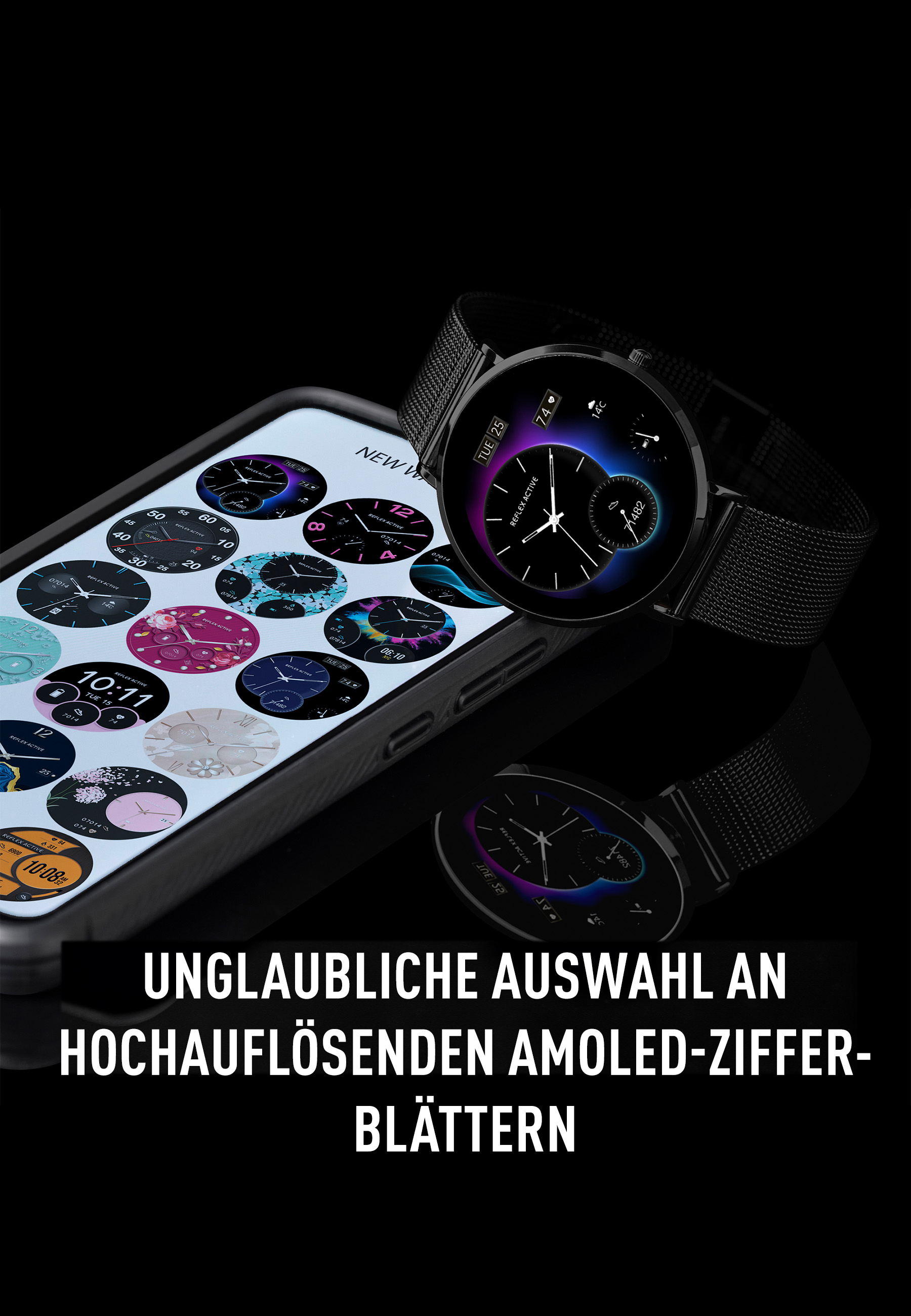 Une montre connectée avec plusieurs cadrans affichés sur un téléphone. Fond noir.