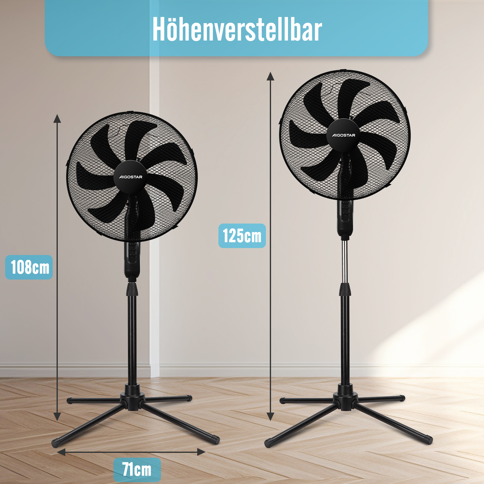 Dos ventiladores negros. Uno es más alto. Se proporcionan dimensiones, y el texto Höherverstellbar.