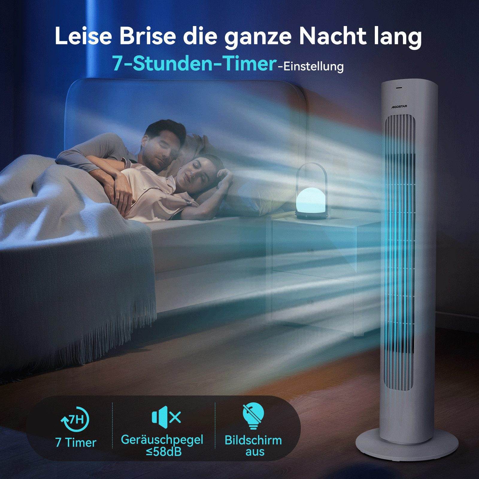 Una pareja durmiendo en la cama. Un ventilador sopla aire hacia ellos, con texto en el fondo.