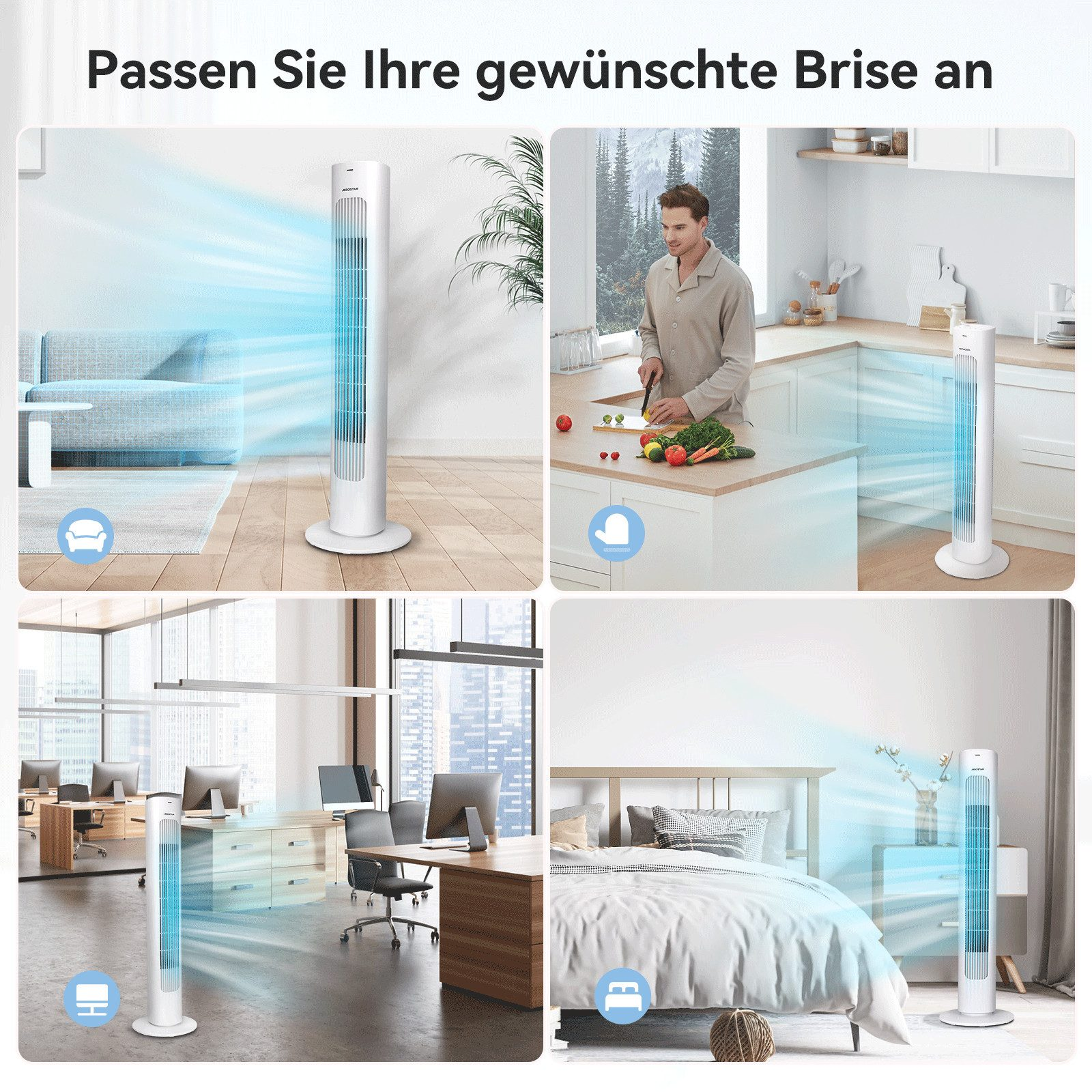 Múltiples escenas que muestran un ventilador en varios entornos, incluyendo sala de estar, cocina y dormitorio.