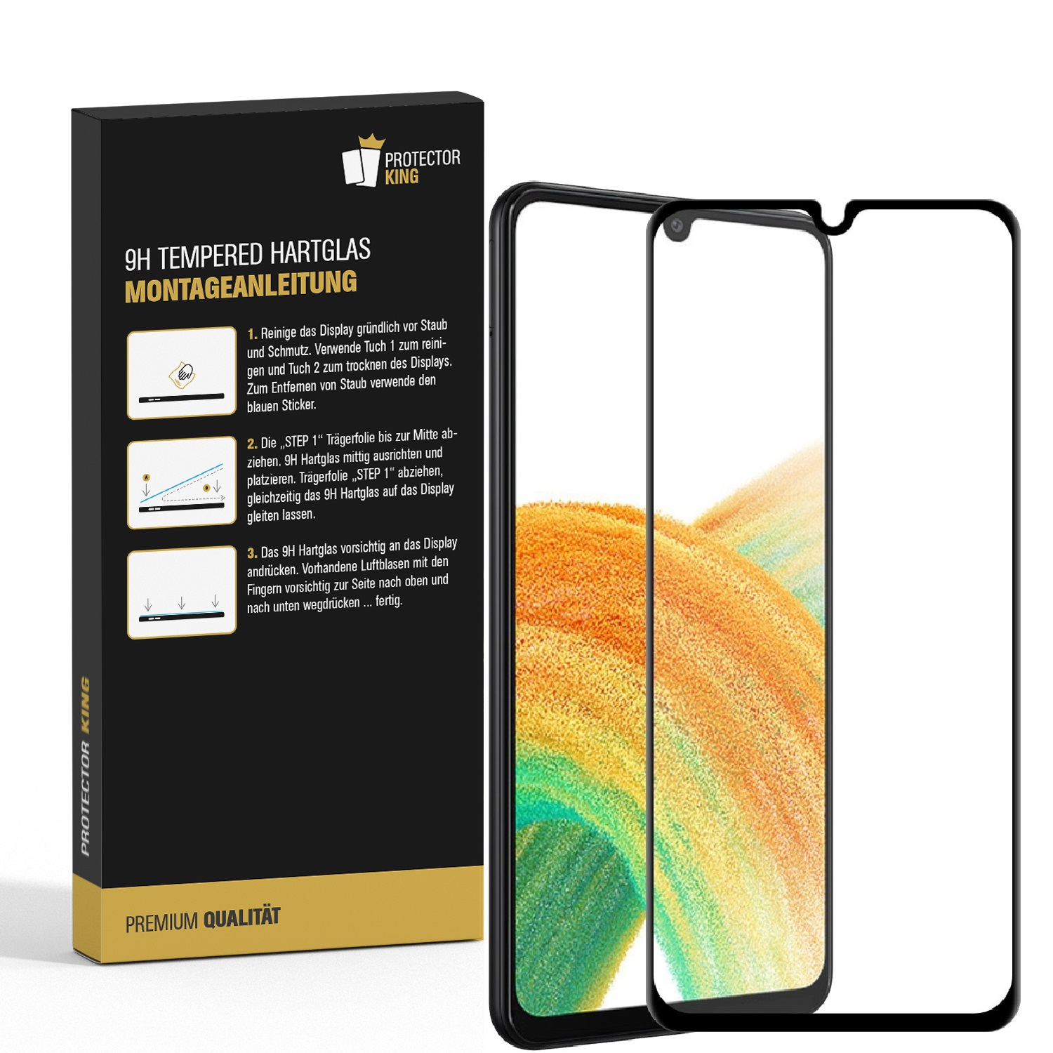 Eine Displayschutzfolienbox und zwei Displayschutzfolien. Die Box zeigt Anweisungen zur Installation der Folien auf einem Display.