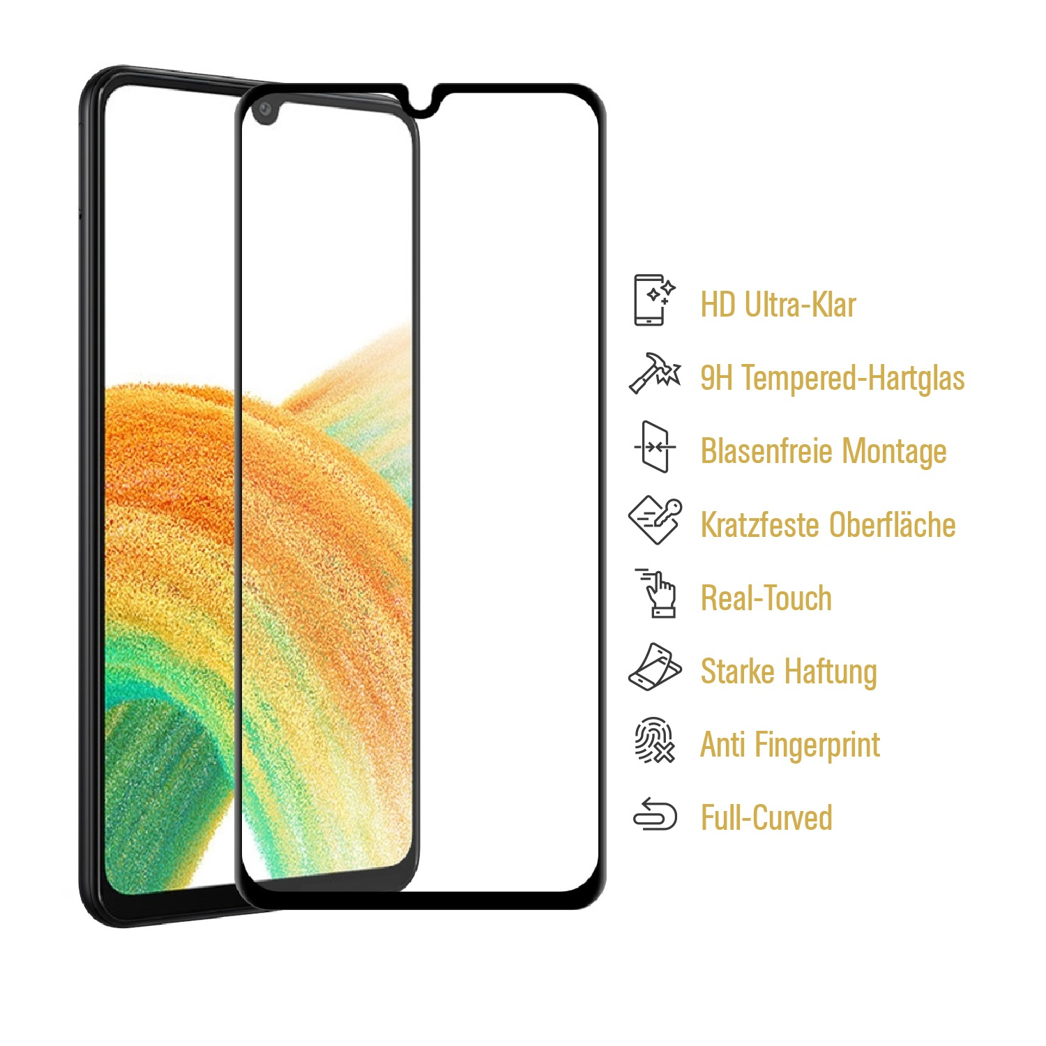 Ein Telefon mit angebrachtem Displayschutz. Der Displayschutz, das Telefon und einige Funktionen sind aufgelistet.