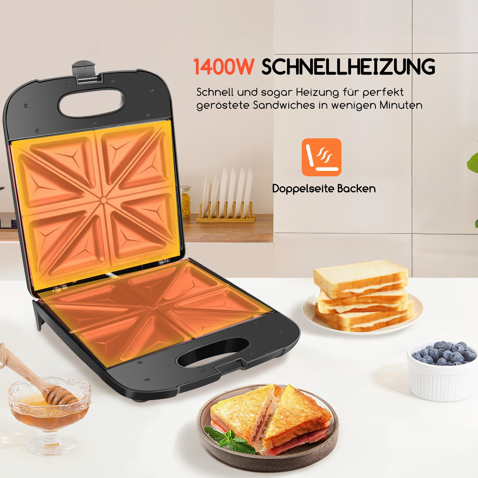 Ein schwarzer Sandwichmaker mit Sandwiches, Honig und Blaubeeren. Der Text lautet: 1400W Schnellheizung.