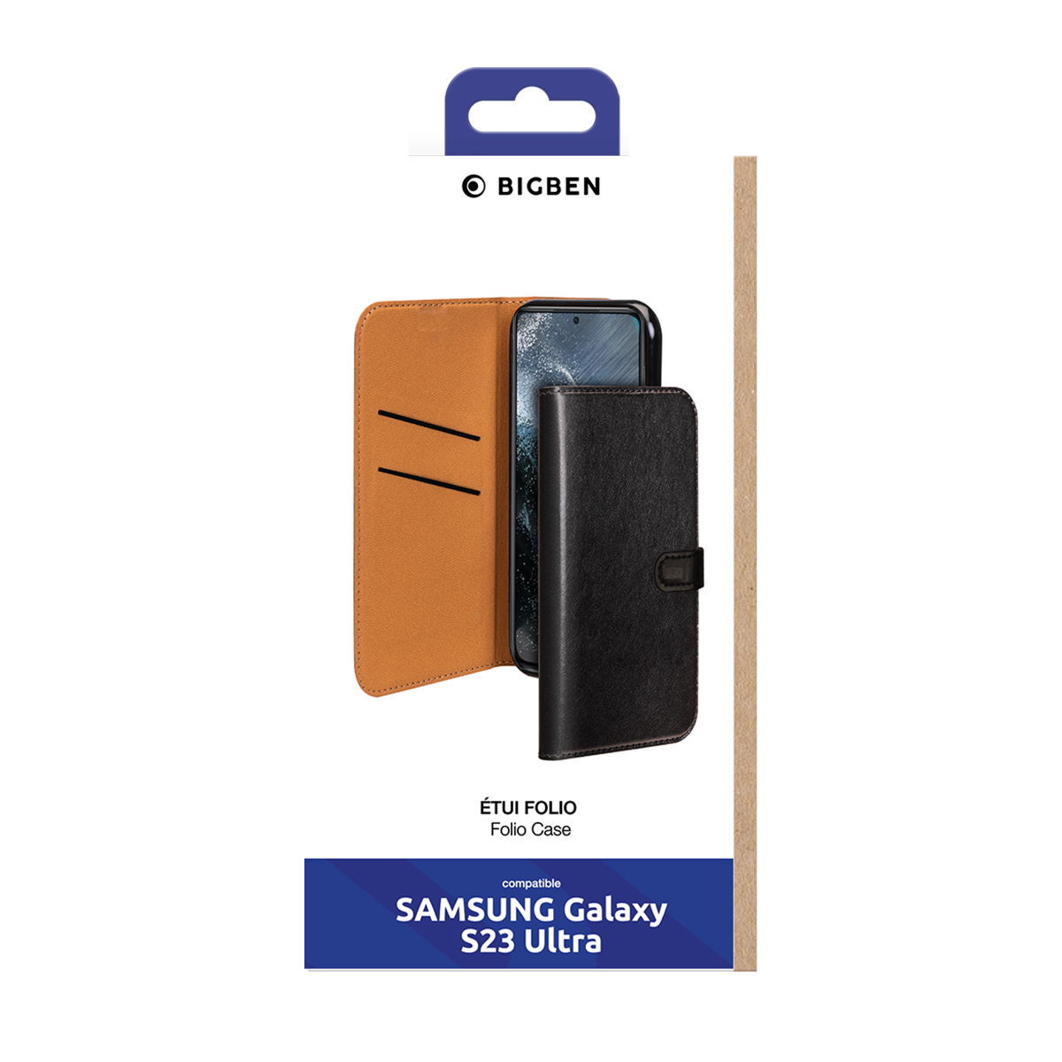 Una custodia per telefono in pelle nera con un'etichetta Samsung Galaxy S23 Ultra. La custodia è aperta, mostrando un telefono.