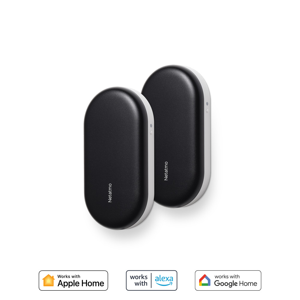 Two black, oval Netatmo devices with white accents, and logos.