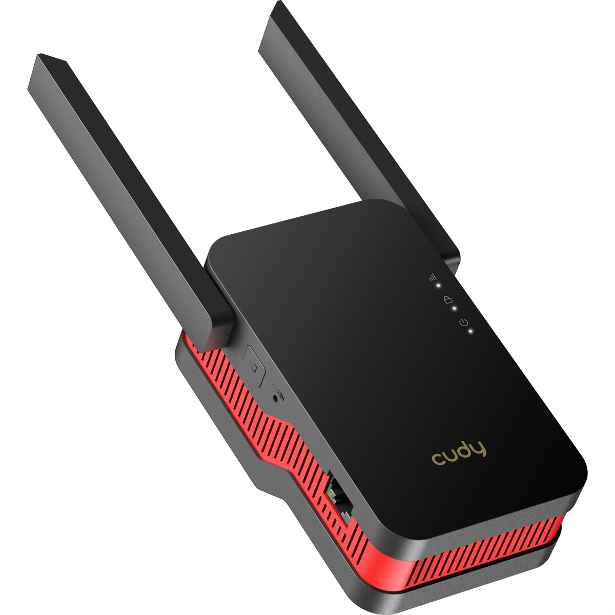 Schwarzer und roter WLAN-Repeater, schräge Ansicht, mit zwei Antennen.